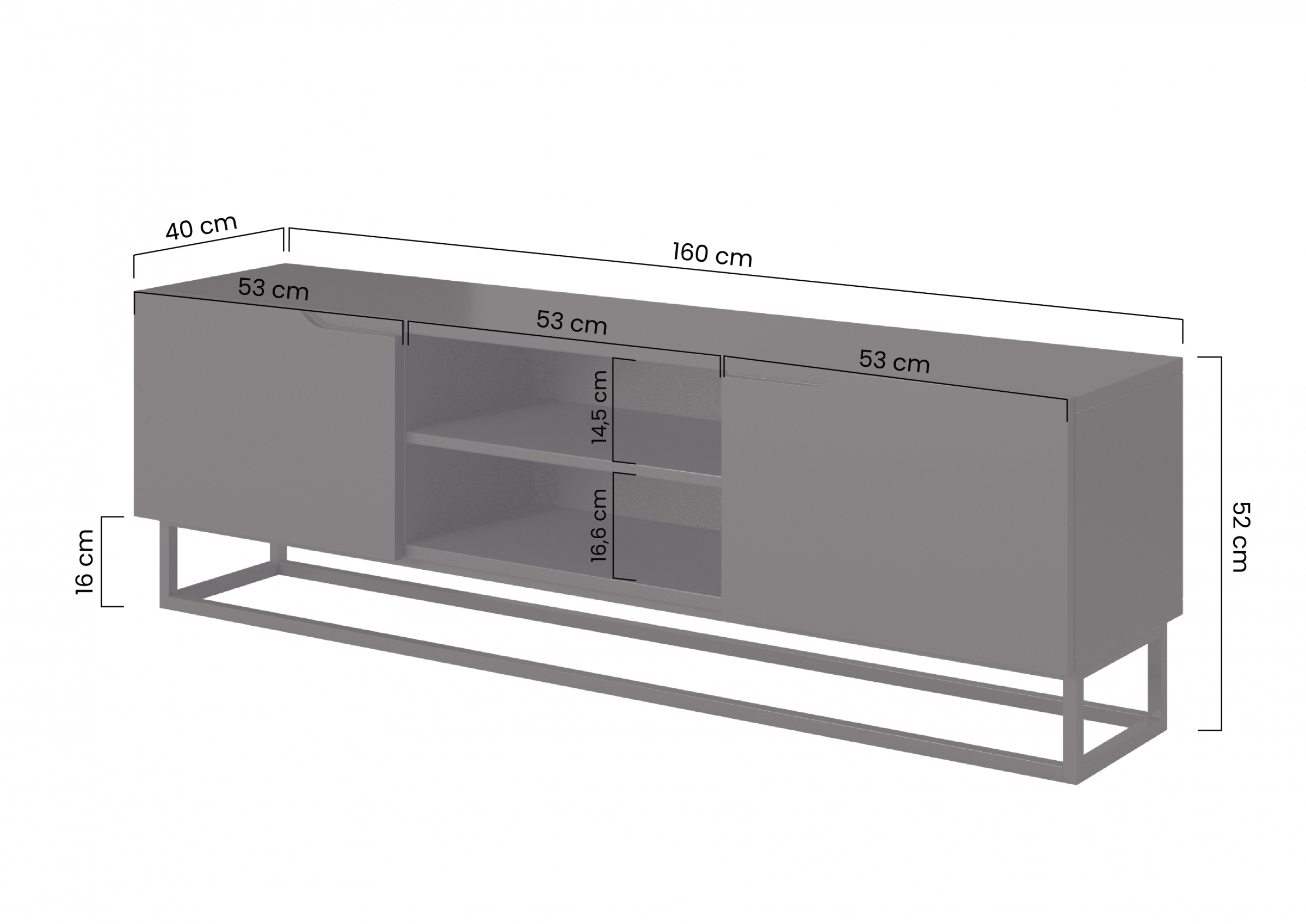 Szafka RTV Loftia Mini 160 cm na metalowym stelażu - czarny mat