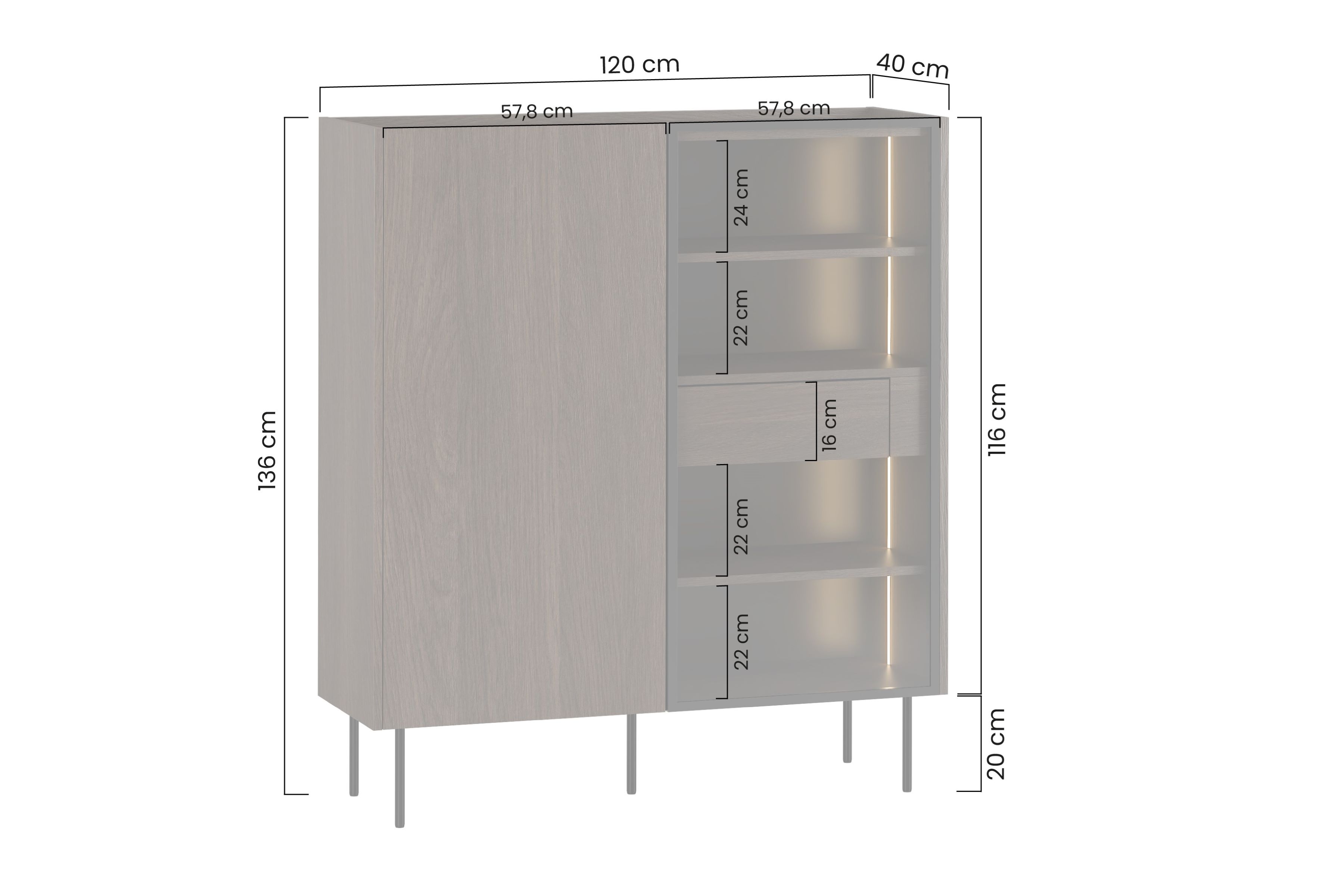 Witryna Dunari 120 cm dwudrzwiowa z ukrytymi szufladami - dąb dunin