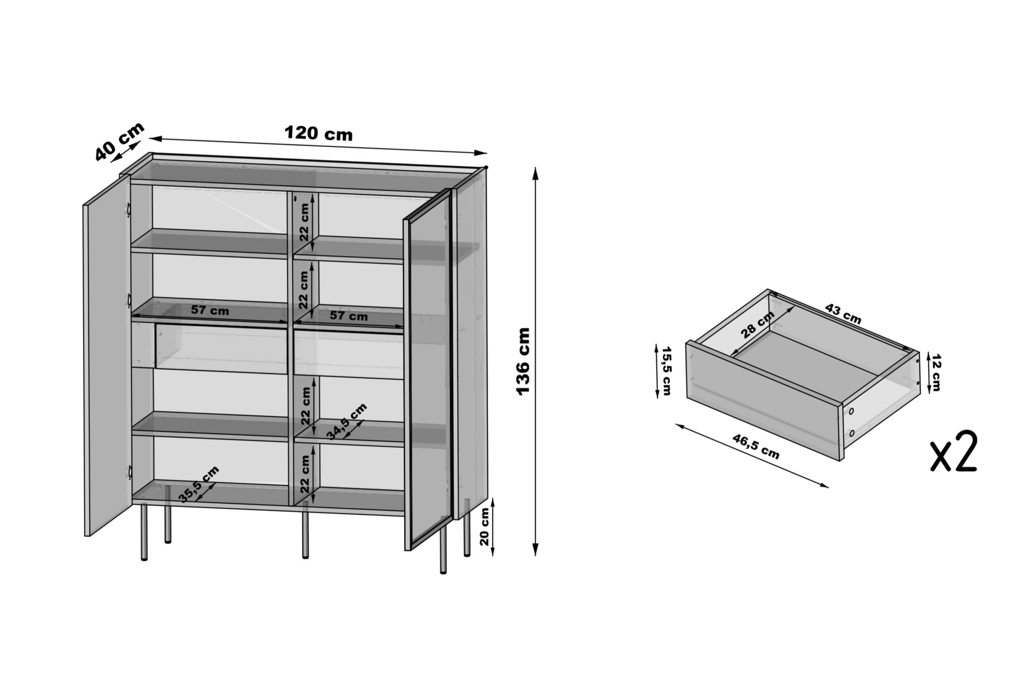 Witryna Dunari 120 cm dwudrzwiowa z ukrytymi szufladami - dąb dunin