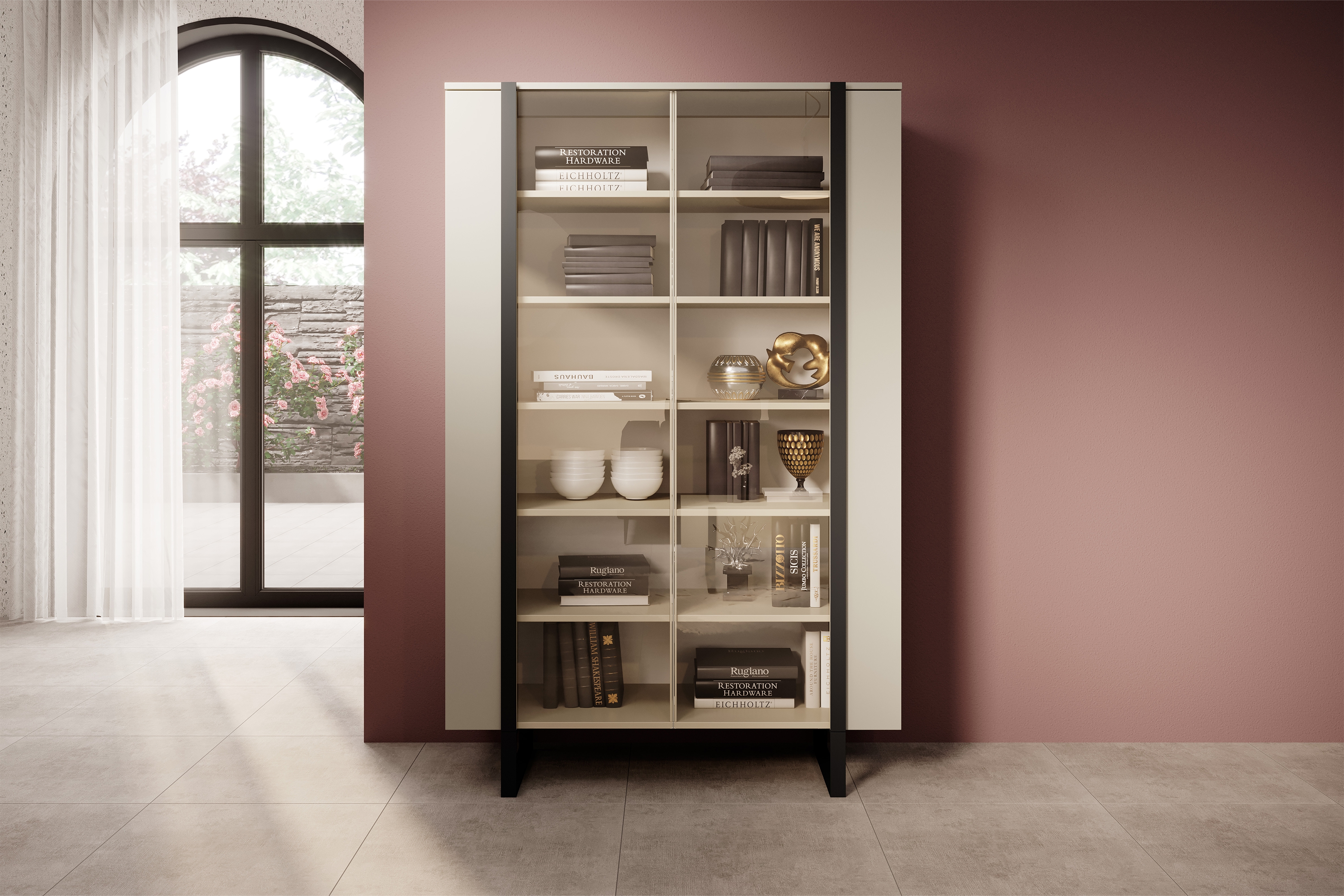 Witryna Verica 120 cm z metalowymi nogami - kaszmir / czarne nóżki