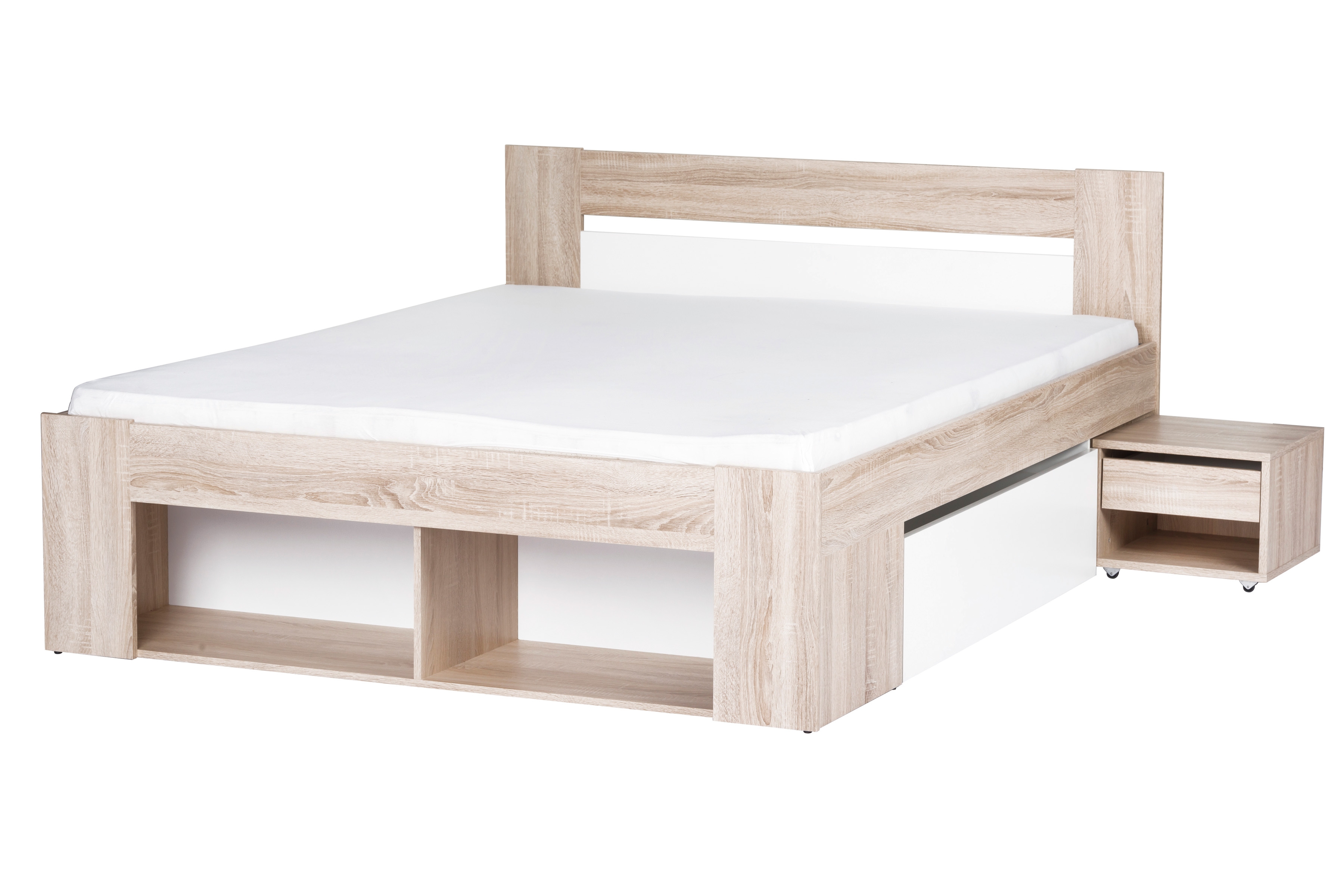Łóżko do sypialni Milo 08 z wysuwanymi szafkami nocnymi i szufladami 140x200 - biały / dąb sonoma 