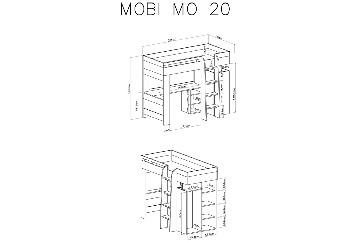 Łóżko piętrowe 90x200 Mobi MO20 - biały / turkus Łóżko piętrowe 90x200 Mobi MO20 - biały / turkus - wymiary