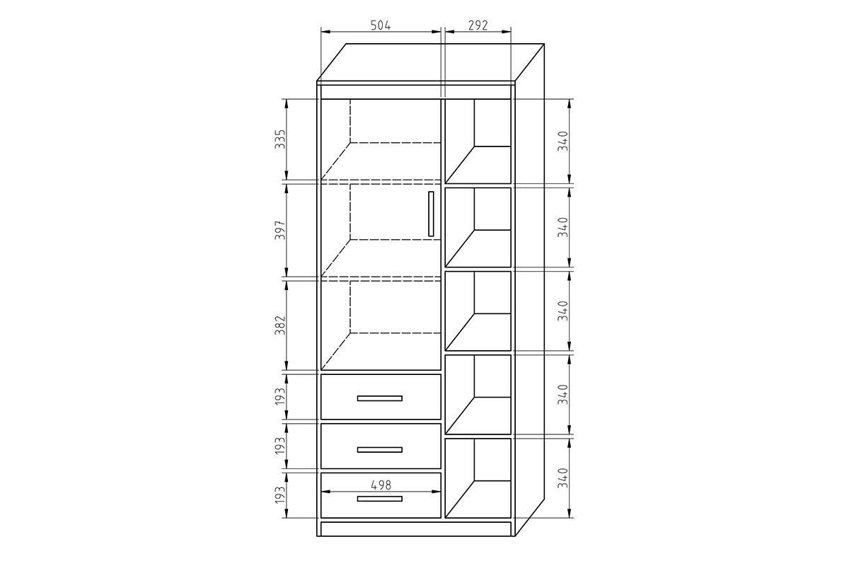 Zestaw mebli do pokoju młodzieżowego 2 - 7 elementów Regał jednodrzwiowy z 3 szufladami Koala CL-9 Wymiary