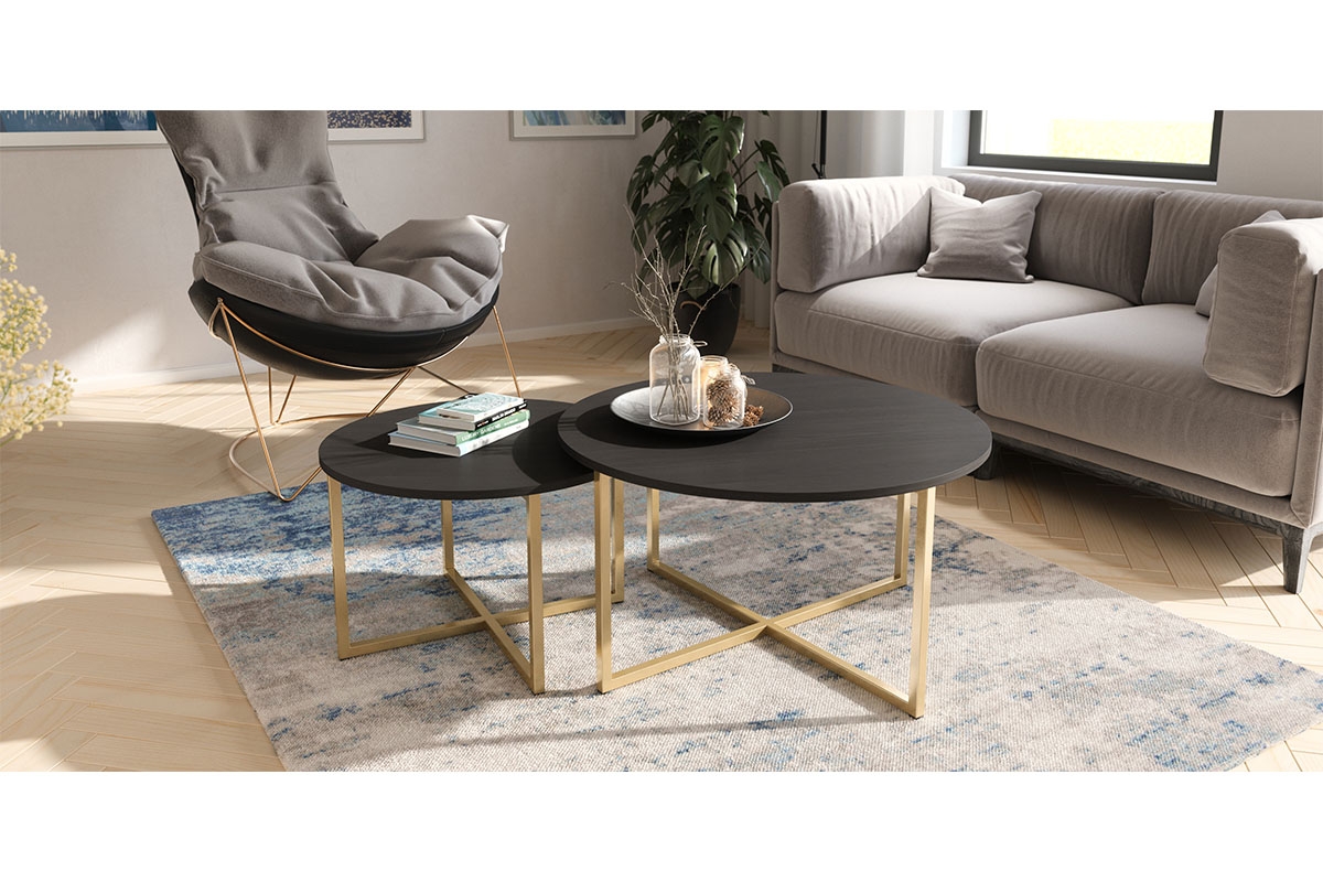 Okrągły stolik kawowy Kalso 60 cm - jesion portland czarny / złote nogi stolik do salonu