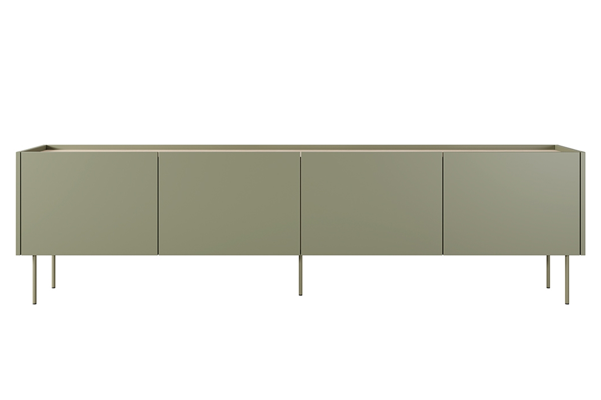 Czterodrzwiowa szafka RTV Desin z ukrytą szufladą na metalowych nogach 220 cm - oliwka / dąb nagano zielona szafka rtv na nóżkach