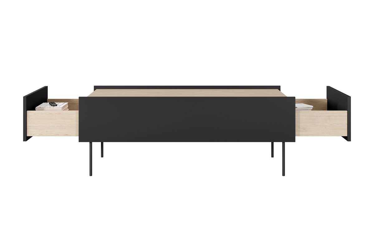 Stolik kawowy Desin z szufladami i metalowymi nogami 120 cm - czarny mat / dąb nagano stolik kawowy z szufladami