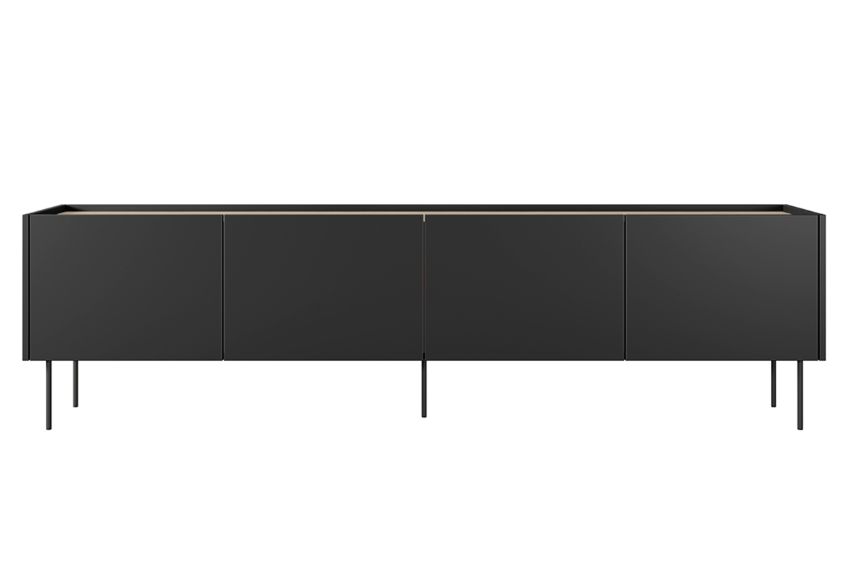 Czterodrzwiowa szafka RTV Desin z ukrytą szufladą na metalowych nogach 220 cm - czarny mat / dąb nagano czarna szafka rtv na nóżkach