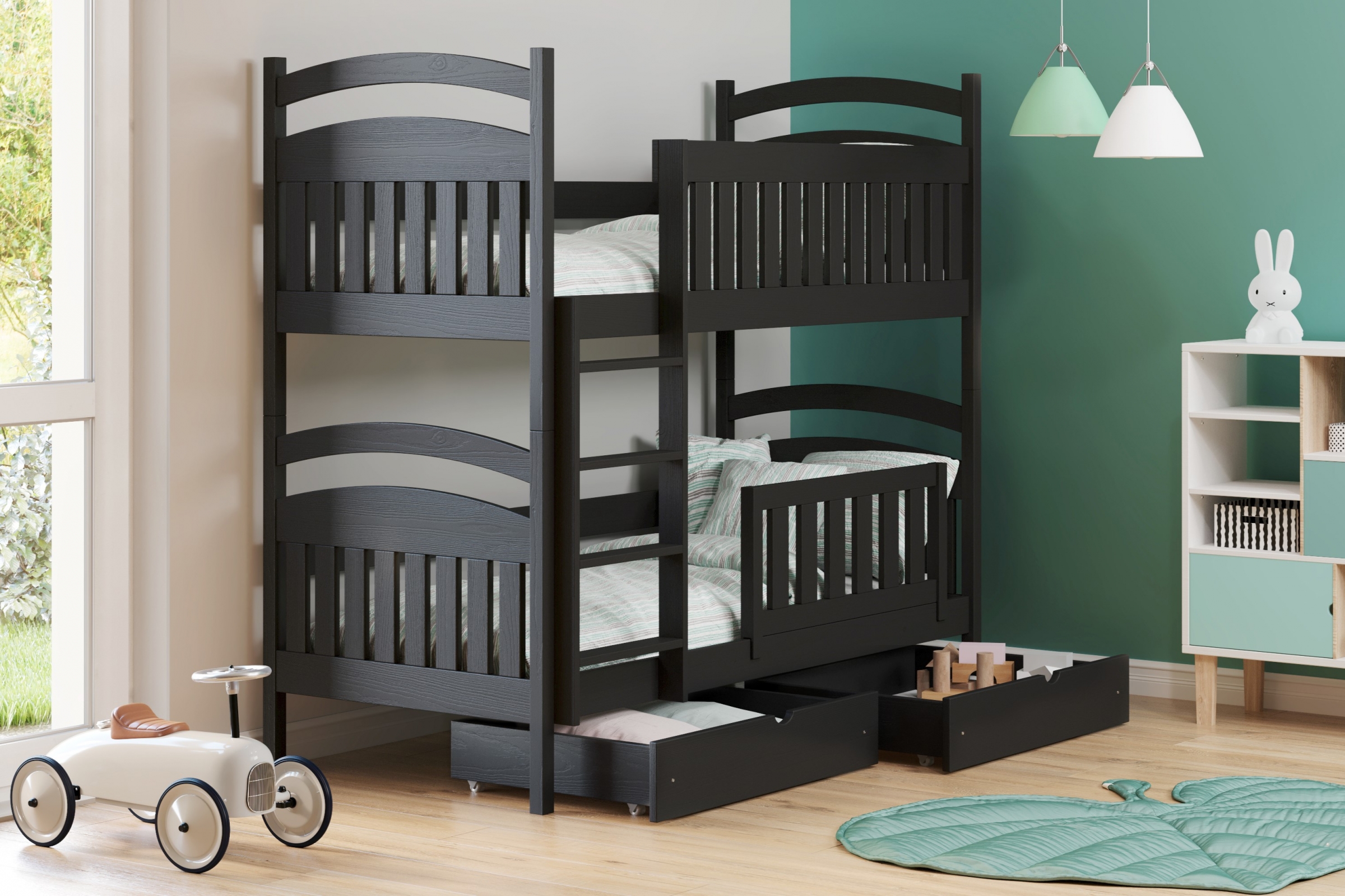 Łóżko piętrowe drewniane Amely z szufladami - czarny, 90x180 Łóżko piętrowe drewniane Amely - kolor czarny - aranżacja