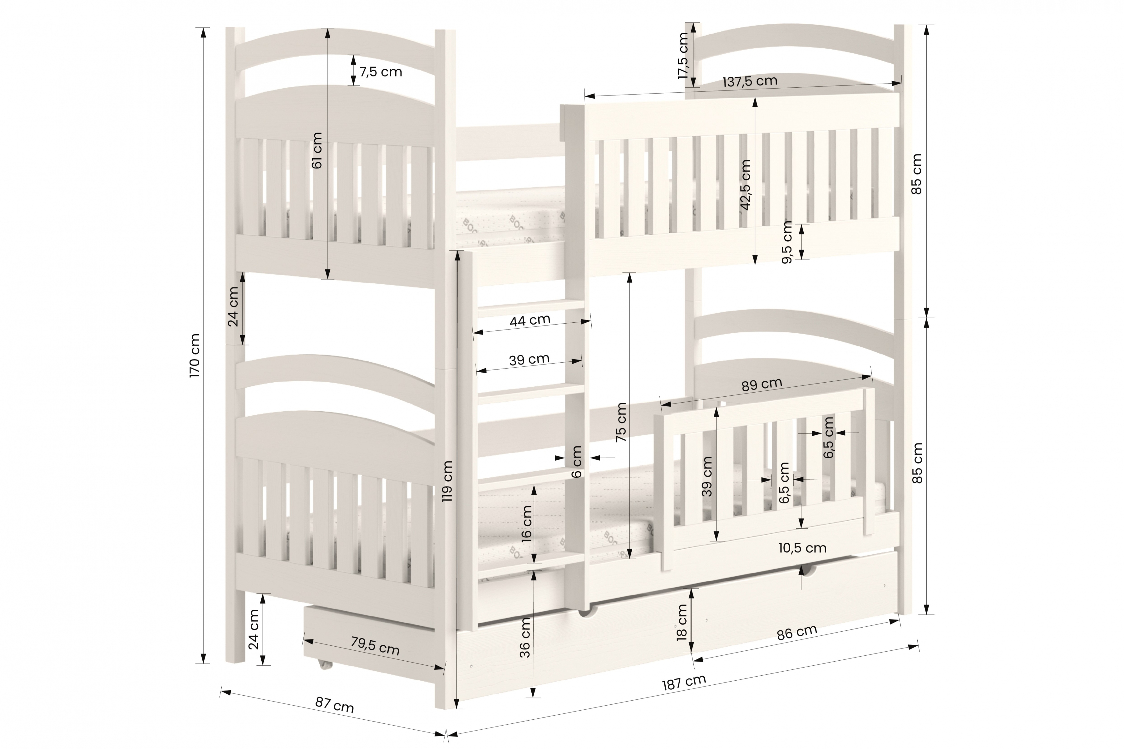 Łóżko piętrowe drewniane Amely z szufladami - biały, 80x180 Łóżko piętrowe drewniane Amely - wymiary