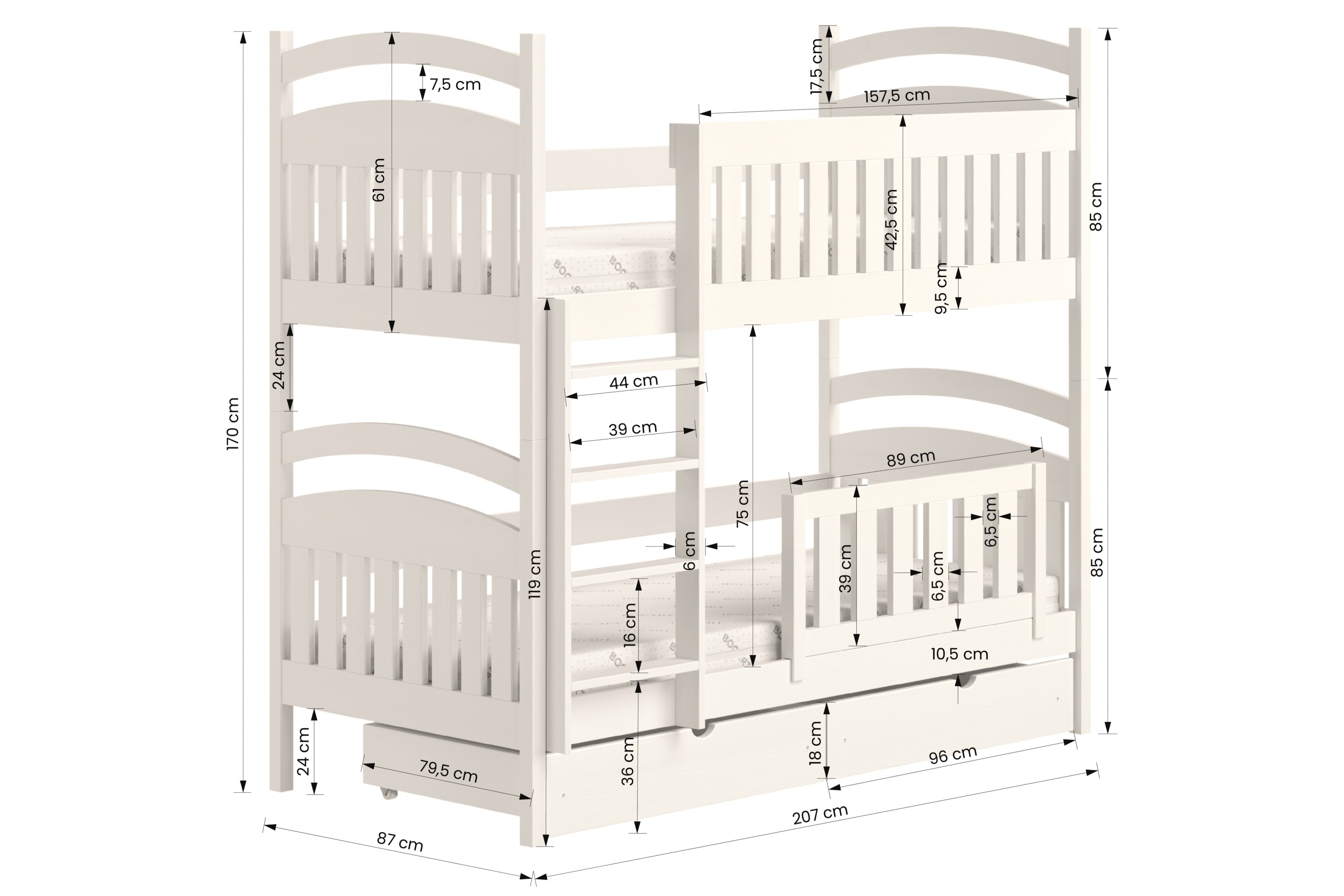 Łóżko piętrowe drewniane Amely z szufladami - biały, 80x200 Łóżko piętrowe drewniane Amely - wymiary