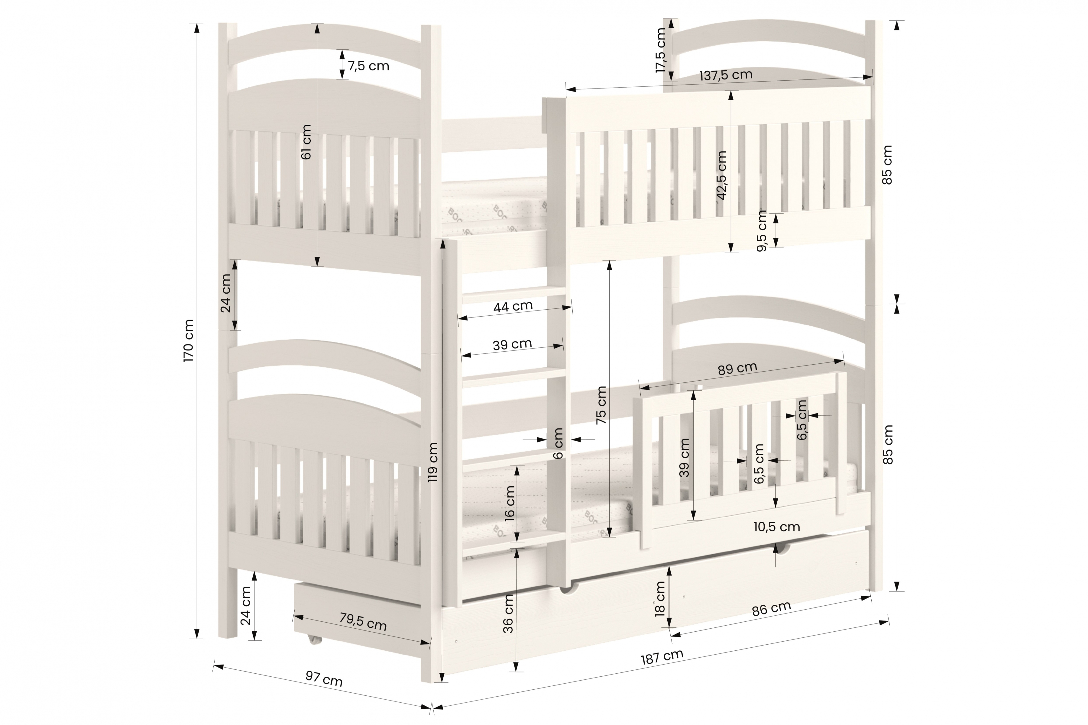 Łóżko piętrowe drewniane Amely z szufladami - biały, 90x180 Łóżko piętrowe drewniane Amely - wymiary