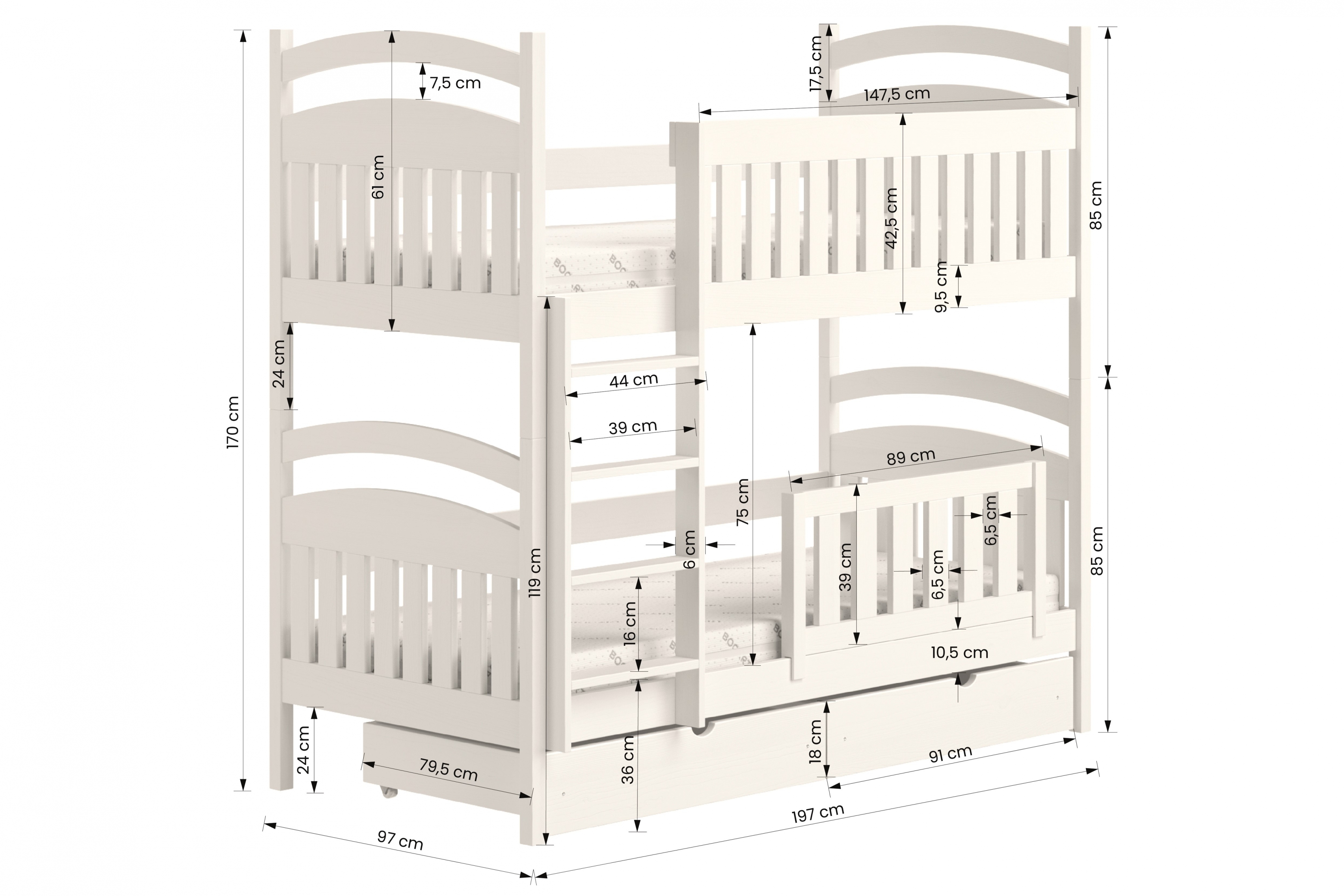Łóżko piętrowe drewniane Amely z szufladami - biały, 90x190 Łóżko piętrowe drewniane Amely - wymiary