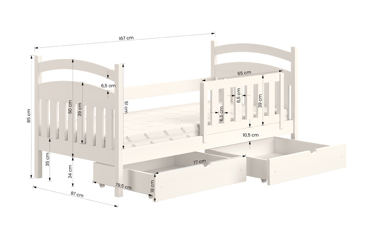 Łóżko dziecięce drewniane Amely - biały, 80x160 Łóżko dziecięce drewniane Amely - Wymiary