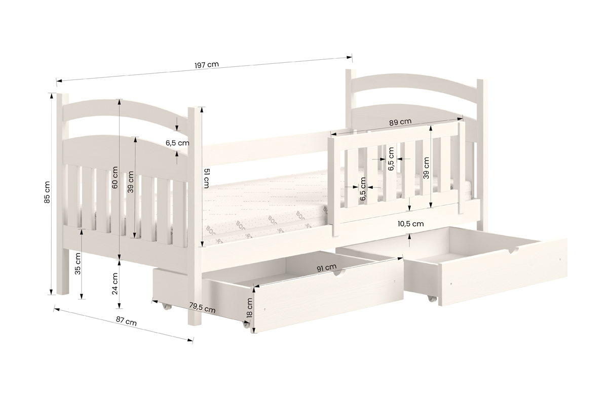 Łóżko dziecięce drewniane Amely - biały, 80x190 Łóżko dziecięce drewniane Amely - Wymiary