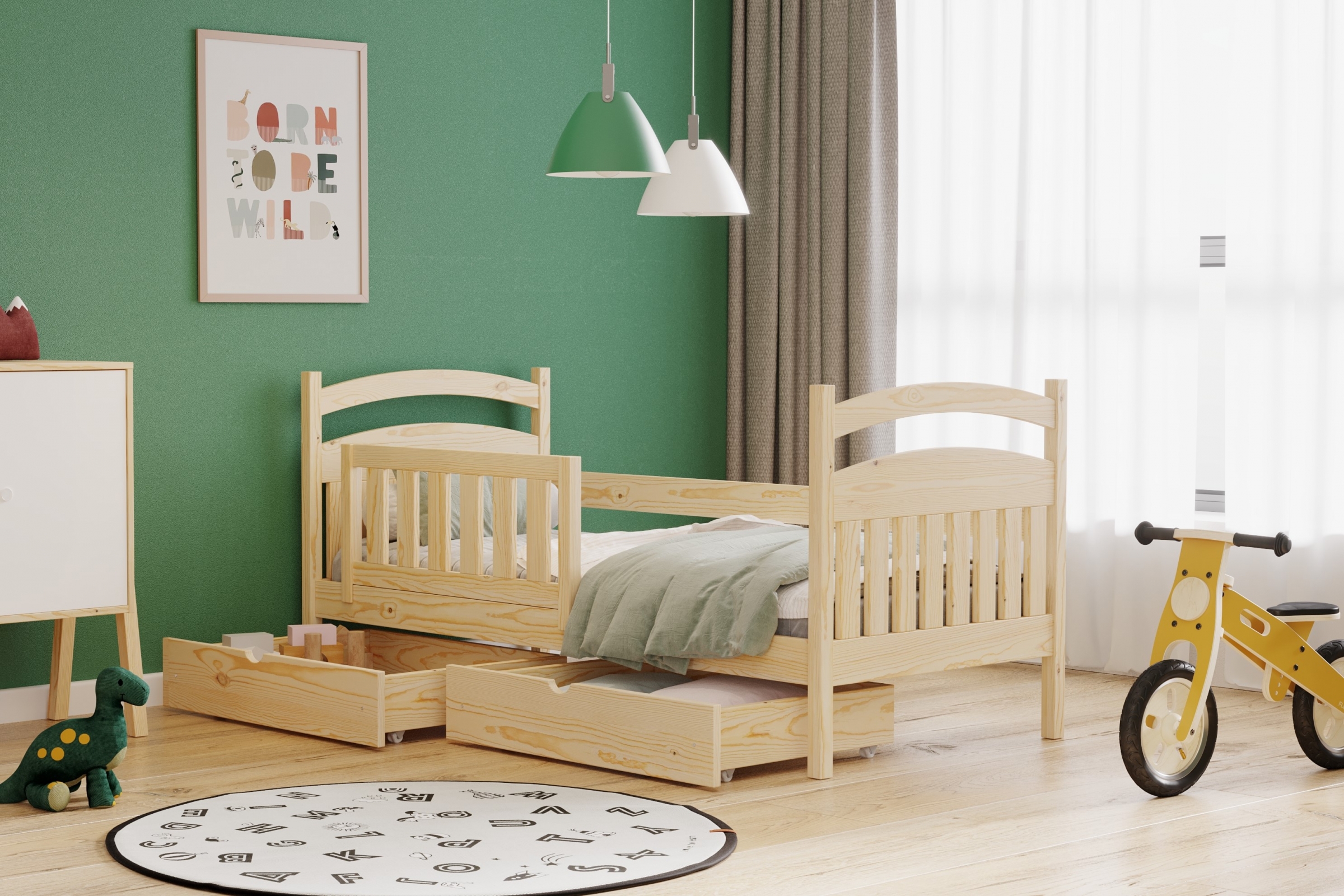 Łóżko dziecięce drewniane Amely - sosna, 70x140 Łóżko dziecięce drewniane Amely - kolor sosna - aranżacja
