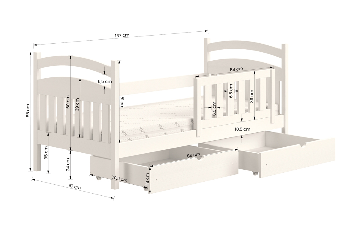 Łóżko dziecięce drewniane Amely - sosna, 90x180 Łóżko dziecięce drewniane Amely - Wymiary