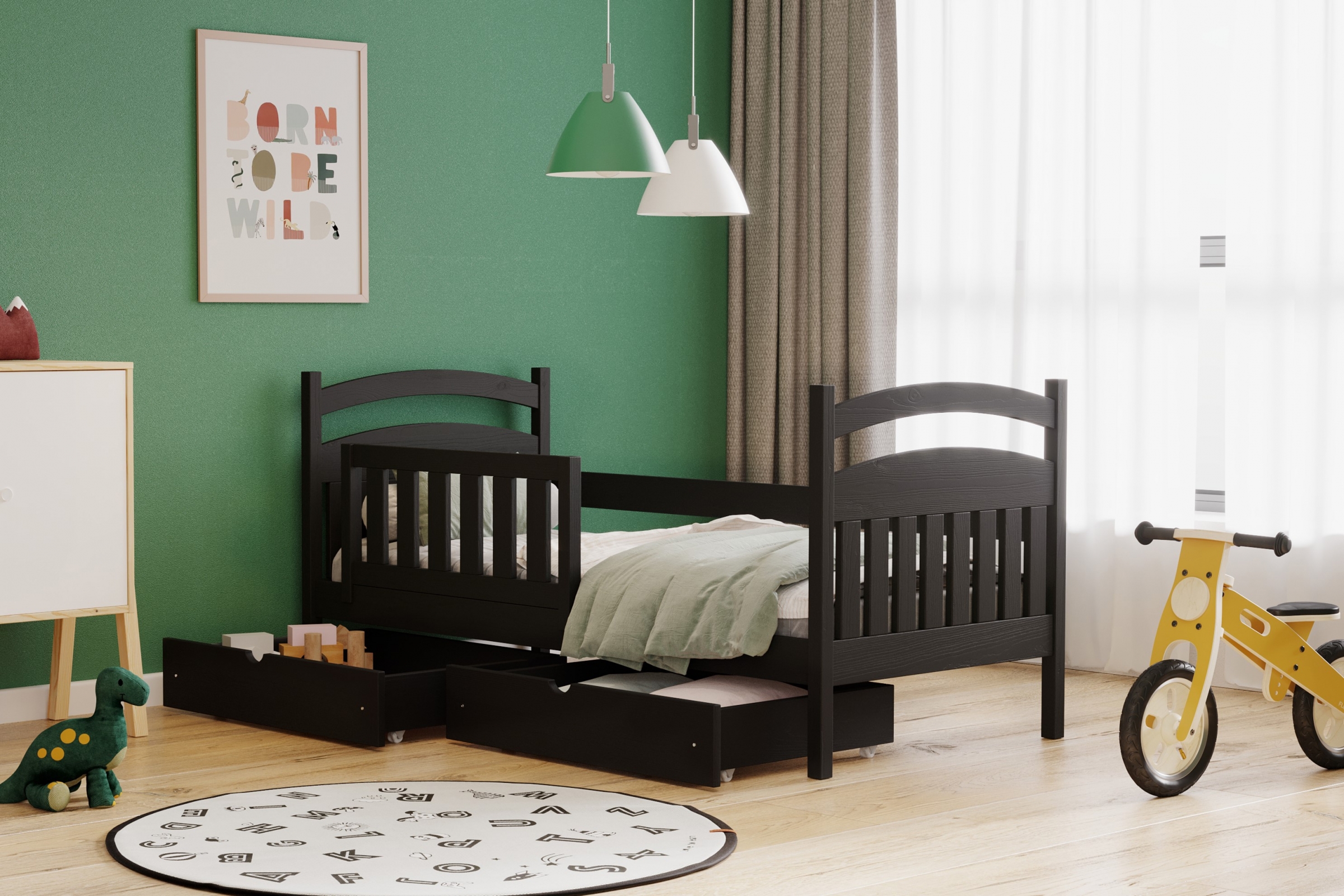 Łóżko dziecięce drewniane Amely - czarny, 70x140 Łóżko dziecięce drewniane Amely - kolor czarny - aranżacja