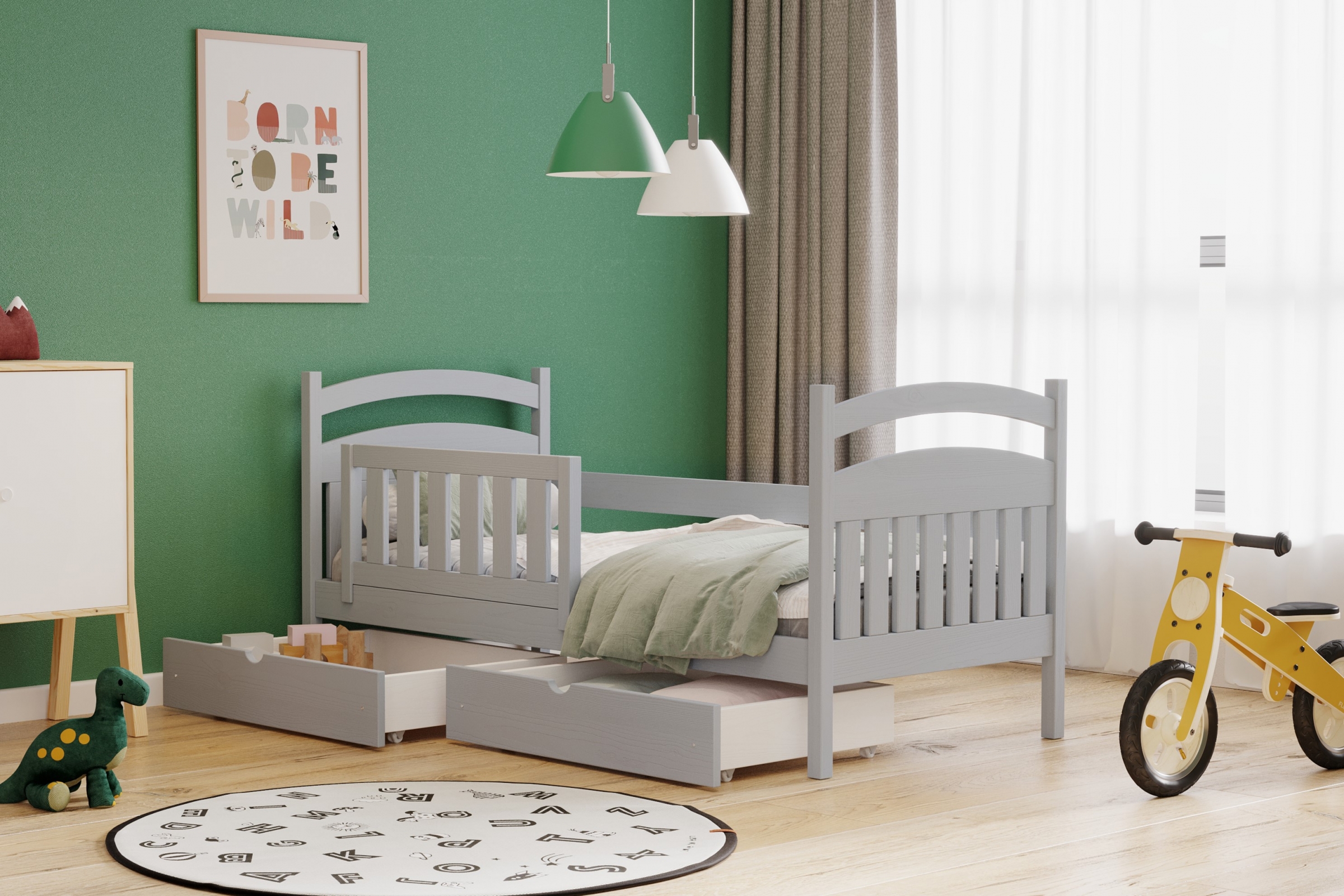 Łóżko dziecięce drewniane Amely - szary, 70x140 Łóżko dziecięce drewniane Amely - kolor szary - aranżacja