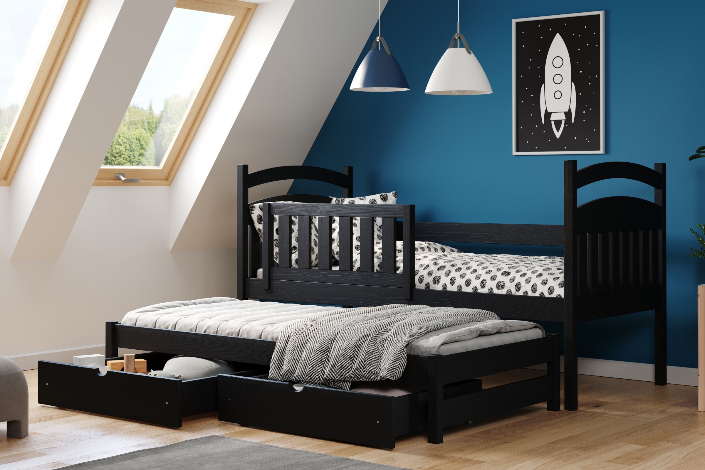 Łóżko dziecięce parterowe wysuwane Amely - czarny, 80x160 Łóżko dziecięce parterowe wyjazdowe Amely - kolor czarny - aranżacja