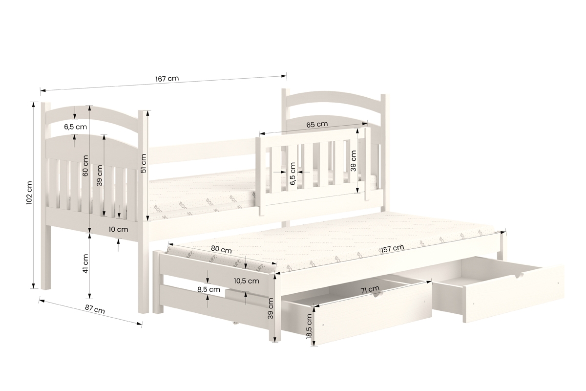 Łóżko dziecięce parterowe wysuwane Amely - biały, 80x160 Łóżko dziecięce parterowe wyjazdowe Amely - wymiary 