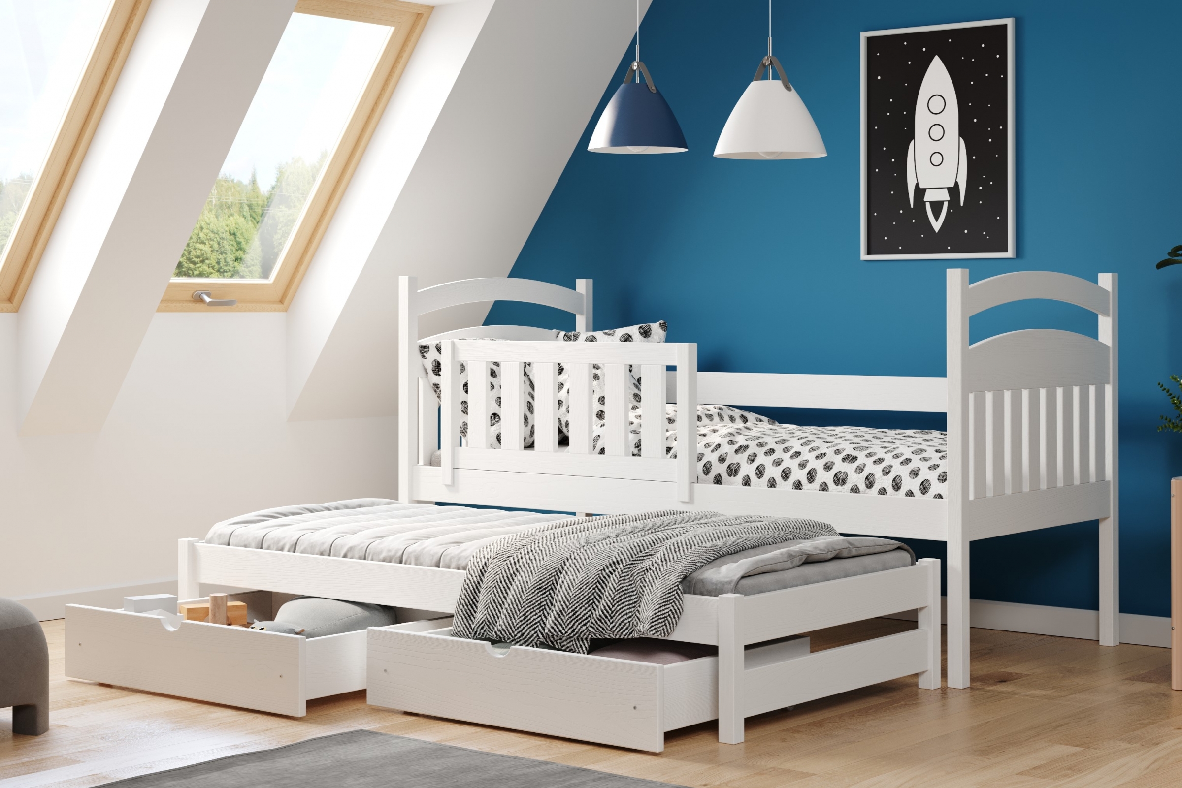 Łóżko dziecięce parterowe wysuwane Amely - biały, 80x180 Łóżko dziecięce parterowe wyjazdowe Amely - kolor biały - aranżacja