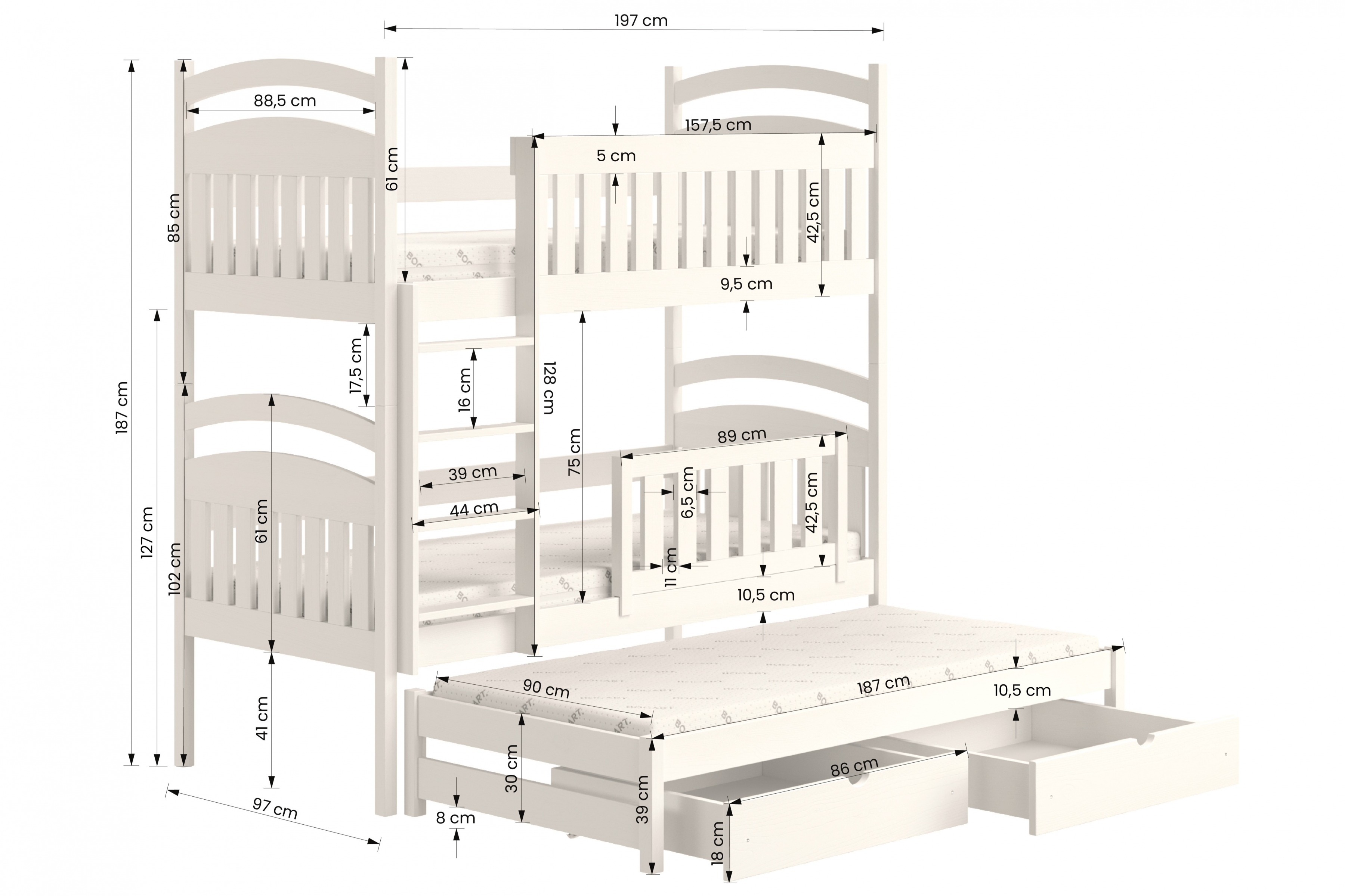Łóżko dziecięce piętrowe wysuwane 3 os. Amely - szary, 90x190 Łóżko dziecięce piętrowe wysuwane 3 os. Amely - wymiary