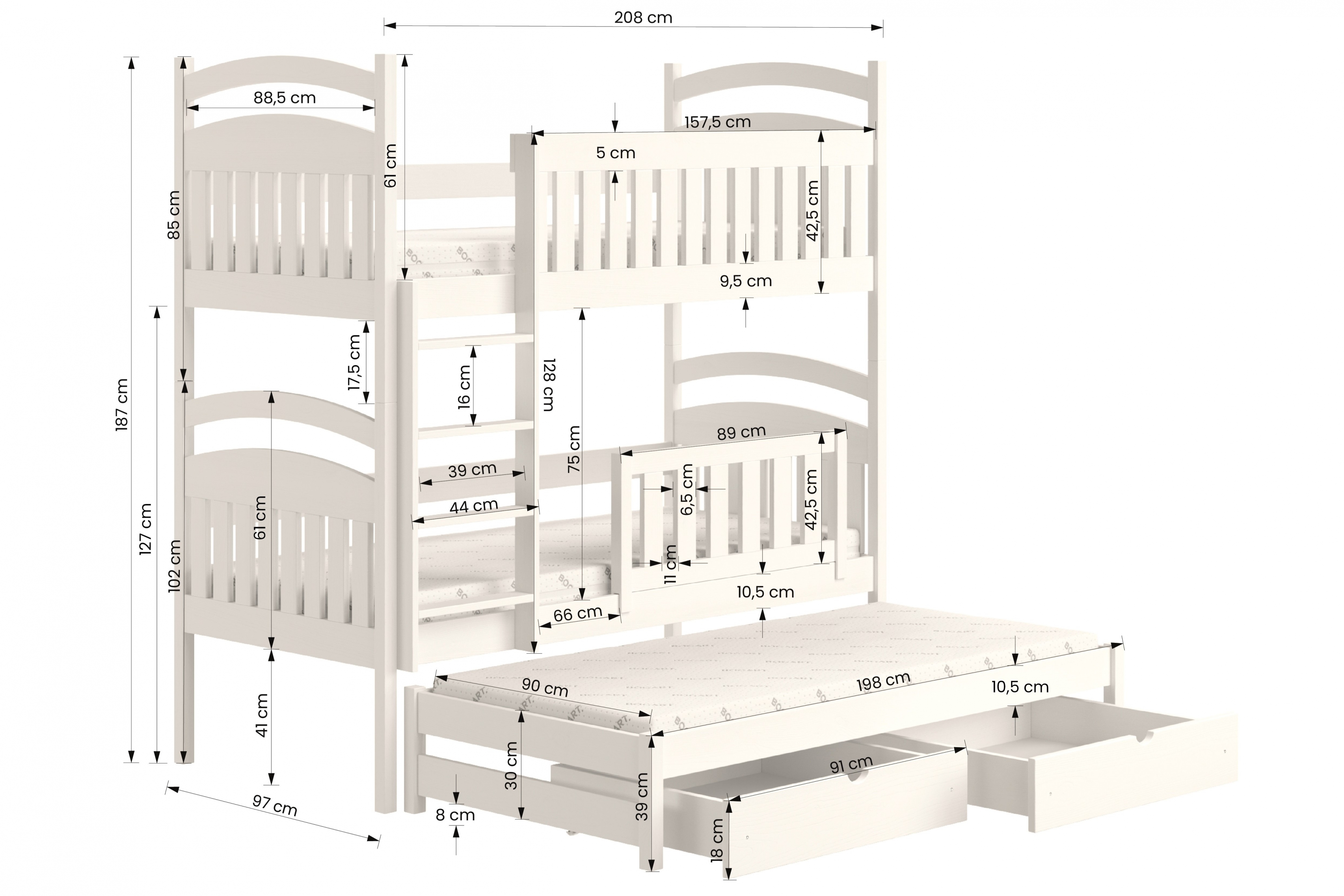 Łóżko dziecięce piętrowe wysuwane 3 os. Amely - szary, 90x200 Łóżko dziecięce piętrowe wysuwane 3 os. Amely - wymiary