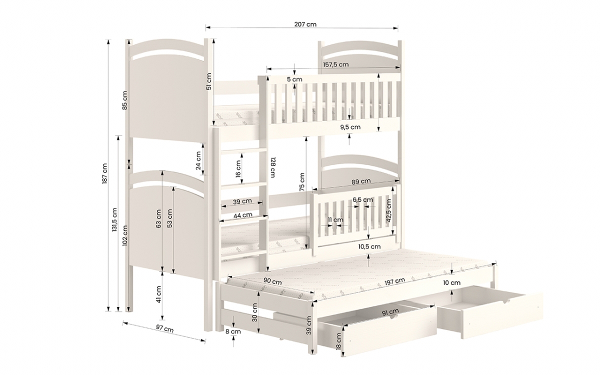 Łóżko piętrowe wysuwane z tablicą suchościeralną Amely - szary, 90x200 Łóżko piętrowe wysuwane Amely - wymiary 