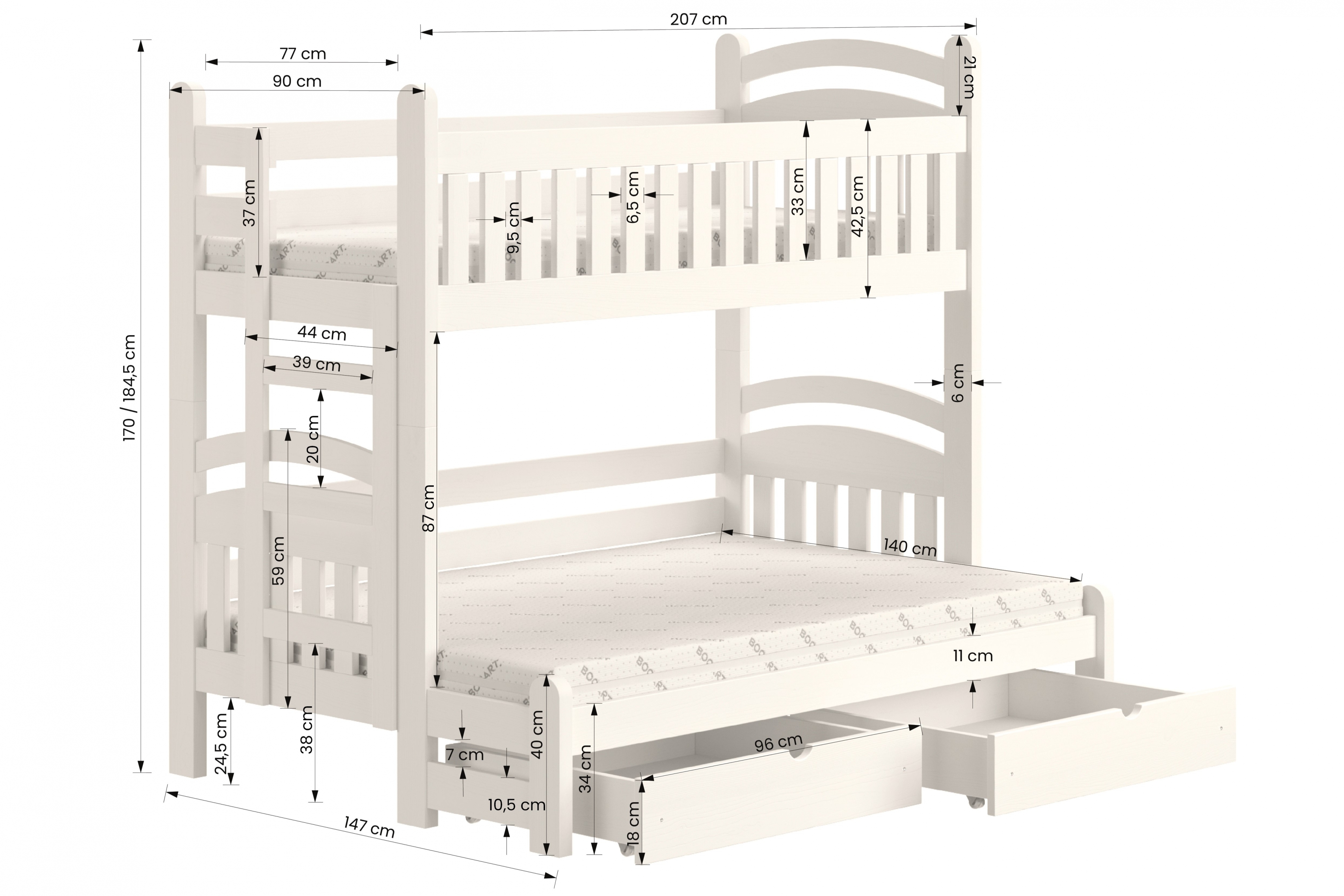 Łóżko piętrowe Amely Maxi prawostronne - biały, 80x200/140x200 