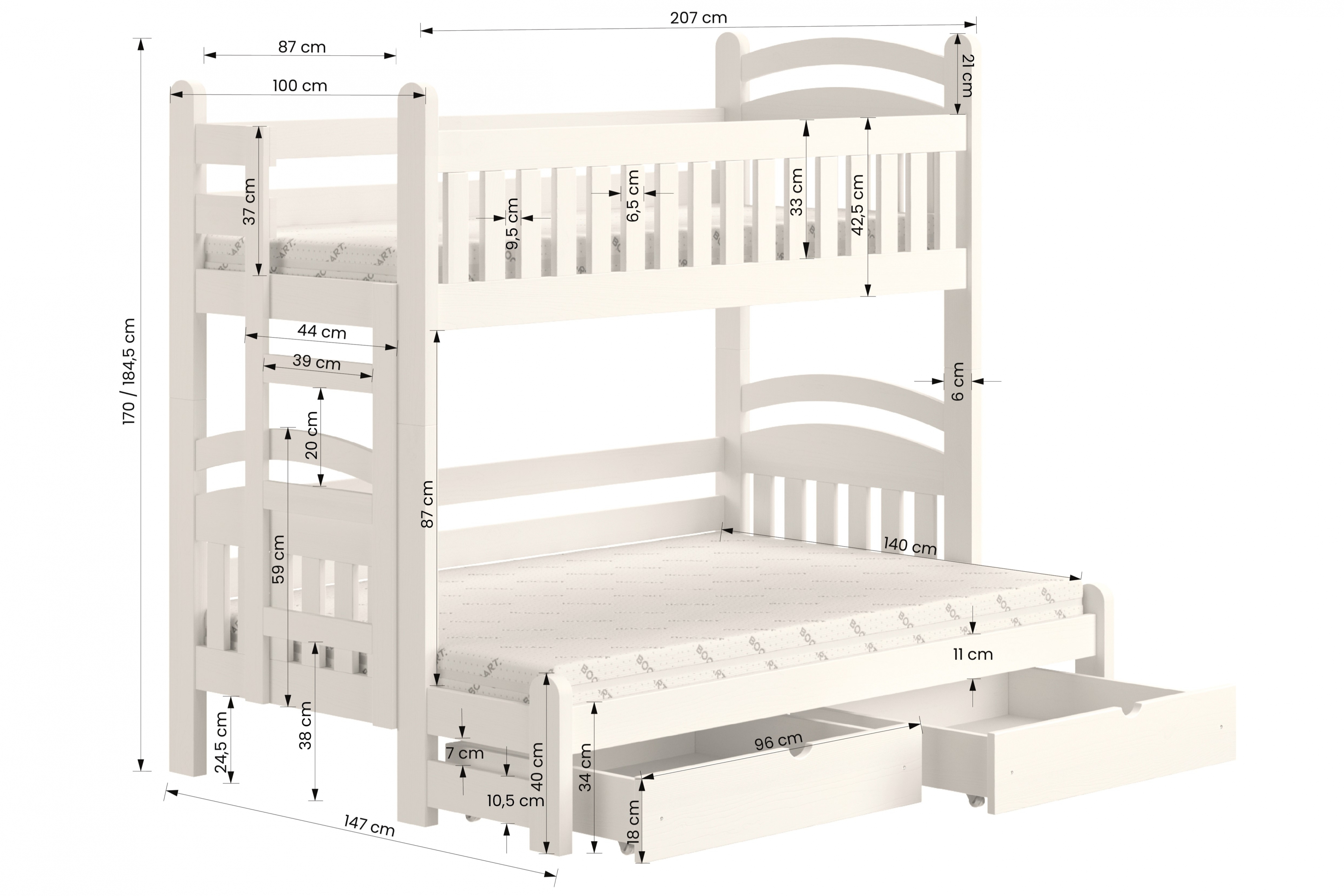 Łóżko piętrowe Amely Maxi prawostronne - biały, 90x200/140x200 Łóżko piętrowe Amely Maxi prawostronne - wymiary