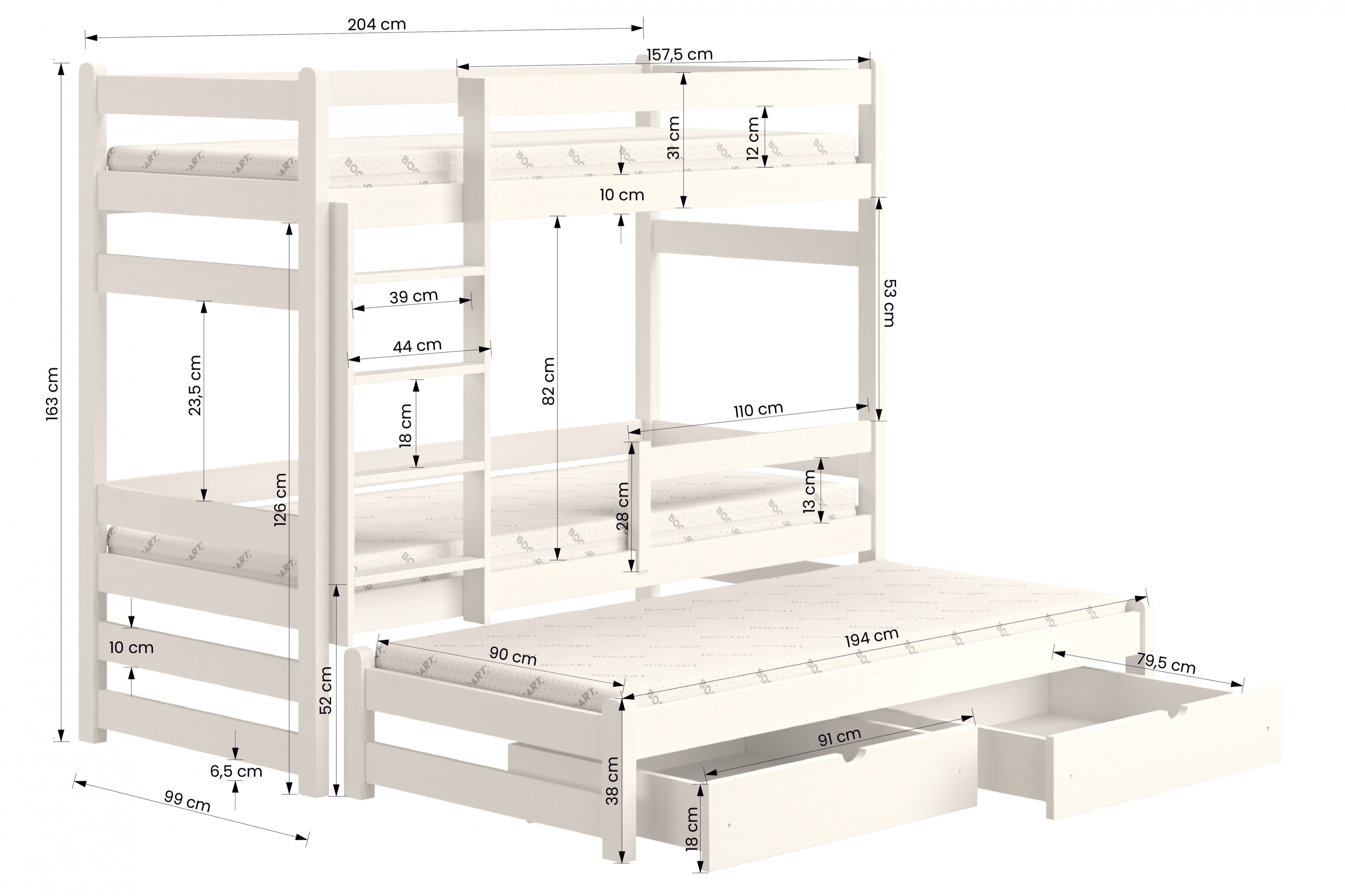 Łóżko dziecięce piętrowe wysuwane Alis - biały, 90x200 Łóżko piętrowe wysuwane Alis - wymiary