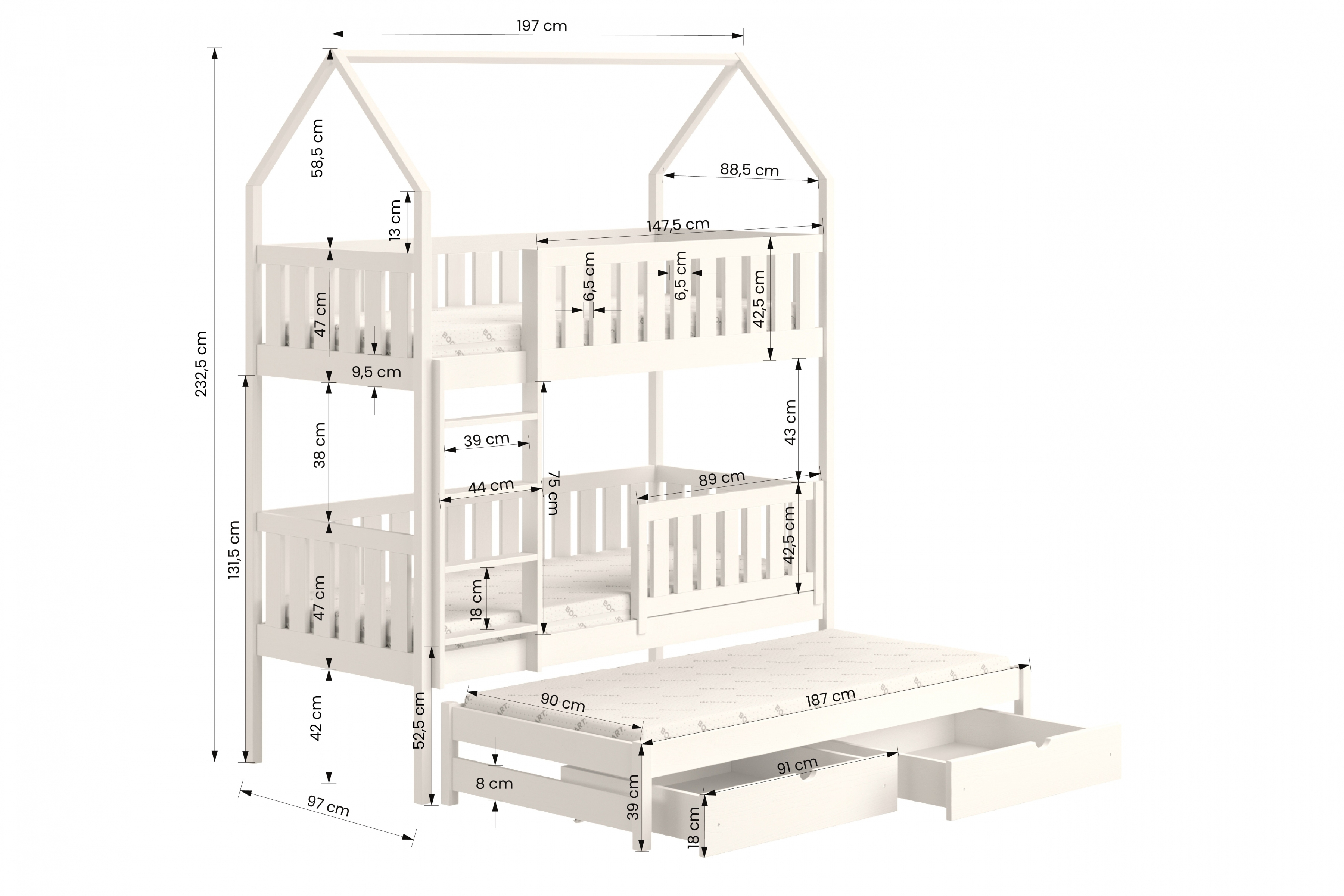 Łóżko dziecięce domek piętrowe wysuwane Nemos - biały, 90x190 Łóżko dziecięce piętrowe wyjazdowe Nemos - wymiary
