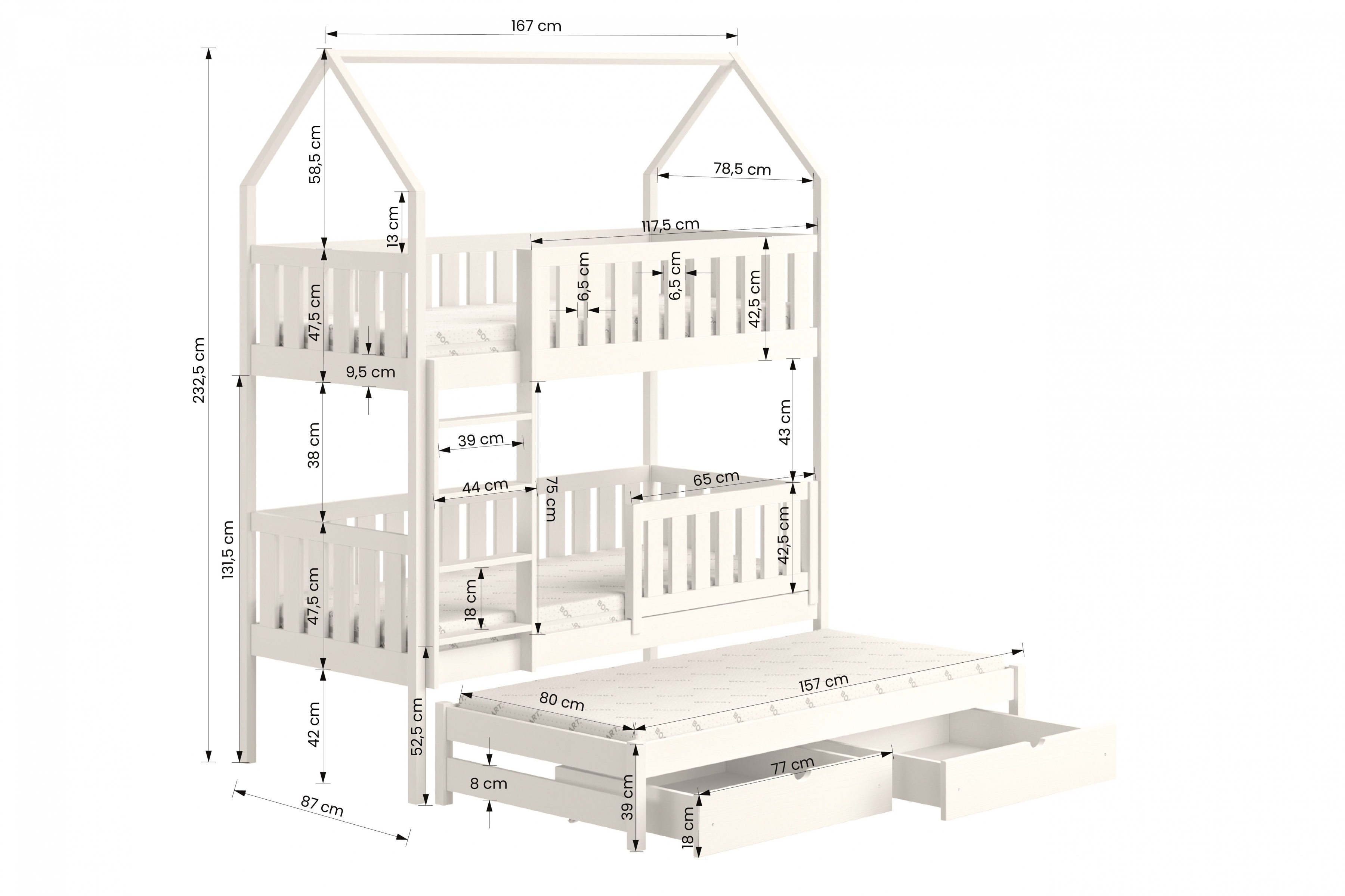 Łóżko dziecięce domek piętrowe wysuwane Nemos - biały, 80x160 Łóżko dziecięce piętrowe wyjazdowe Nemos - wymiary