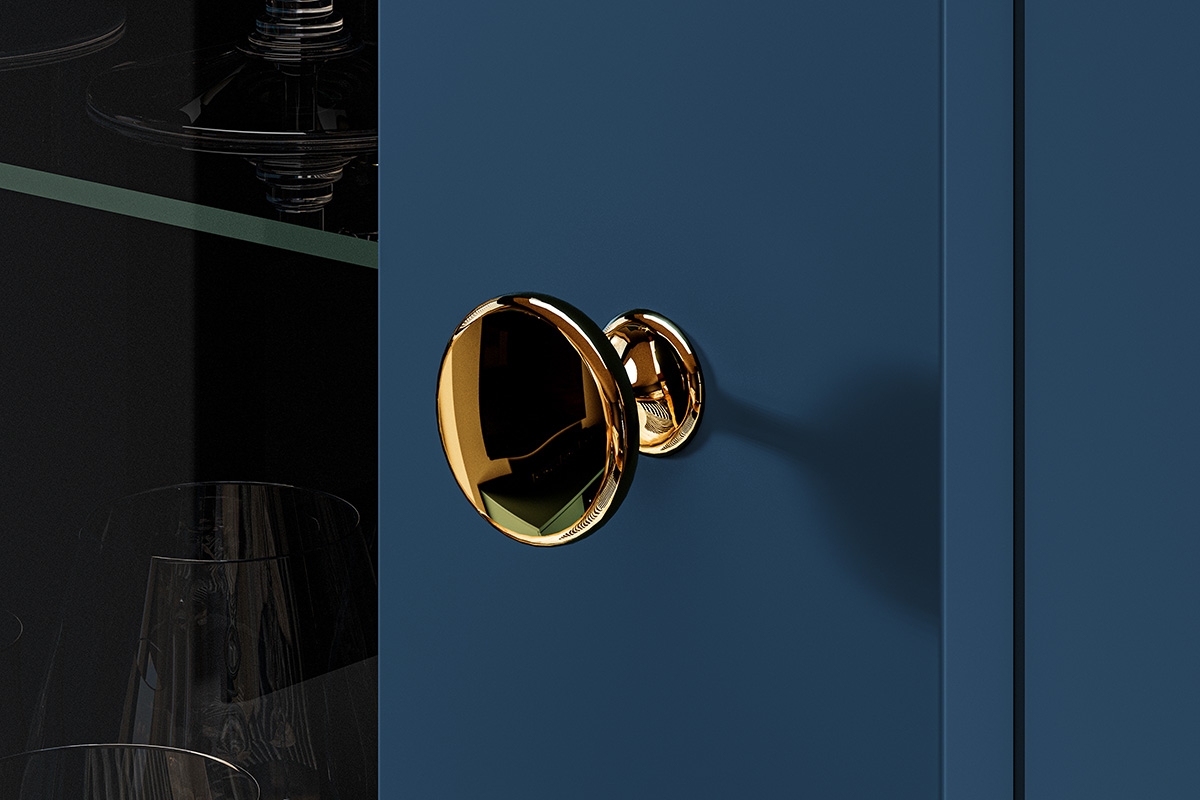 Witryna przeszklona Naemo 01 z dwiema szufladami - błękit ciemny / złoty złote uchwyty