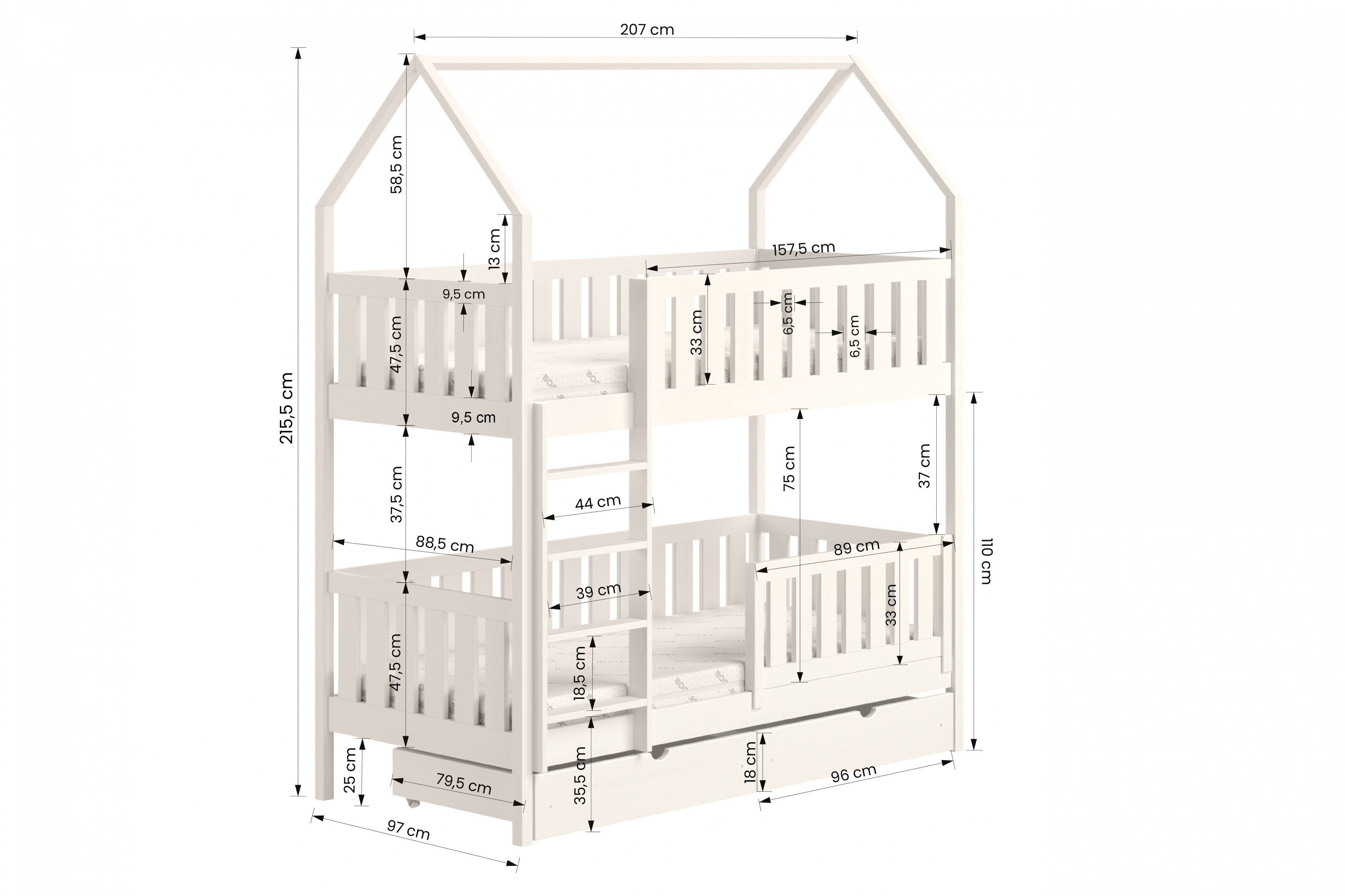 Łóżko dziecięce domek piętrowe Nemos - szary, 90x200 Łóżko dziecięce piętrowe Nemos - wymiary