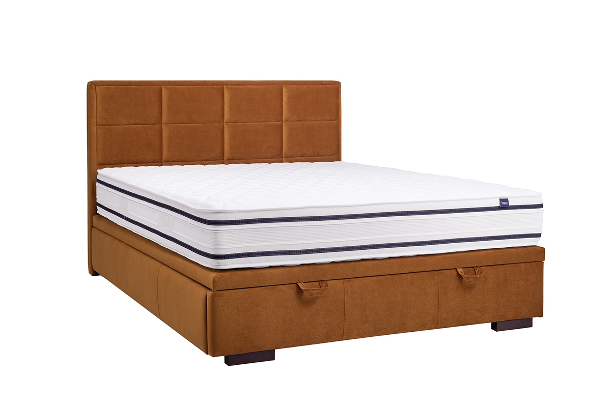 Łóżko sypialniane z tapicerowanym stelażem i pojemnikiem Menir - 140x200, nogi wenge  łóżko tapicerowane z wysokim wezgłowiem 