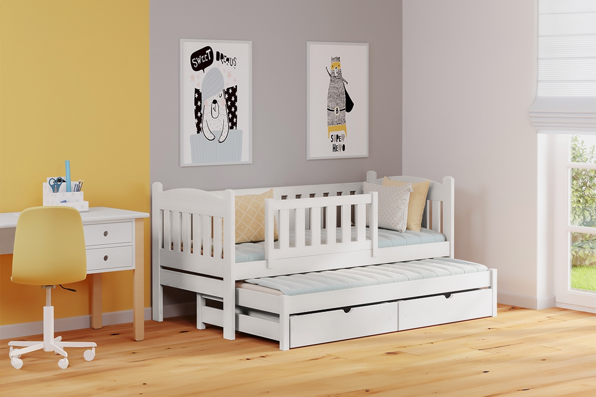 Łóżko dziecięce parterowe wysuwane Alvins z szufladami - biały, 80x200 drewniane łóżko Alvinis 