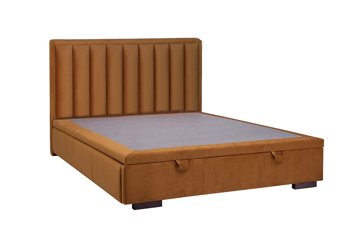 Łóżko sypialniane z tapicerowanym stelażem i pojemnikiem Misel - 140x200 pomarańczowe łóżko sypialniane Misel z tapicerowanym stelażem 