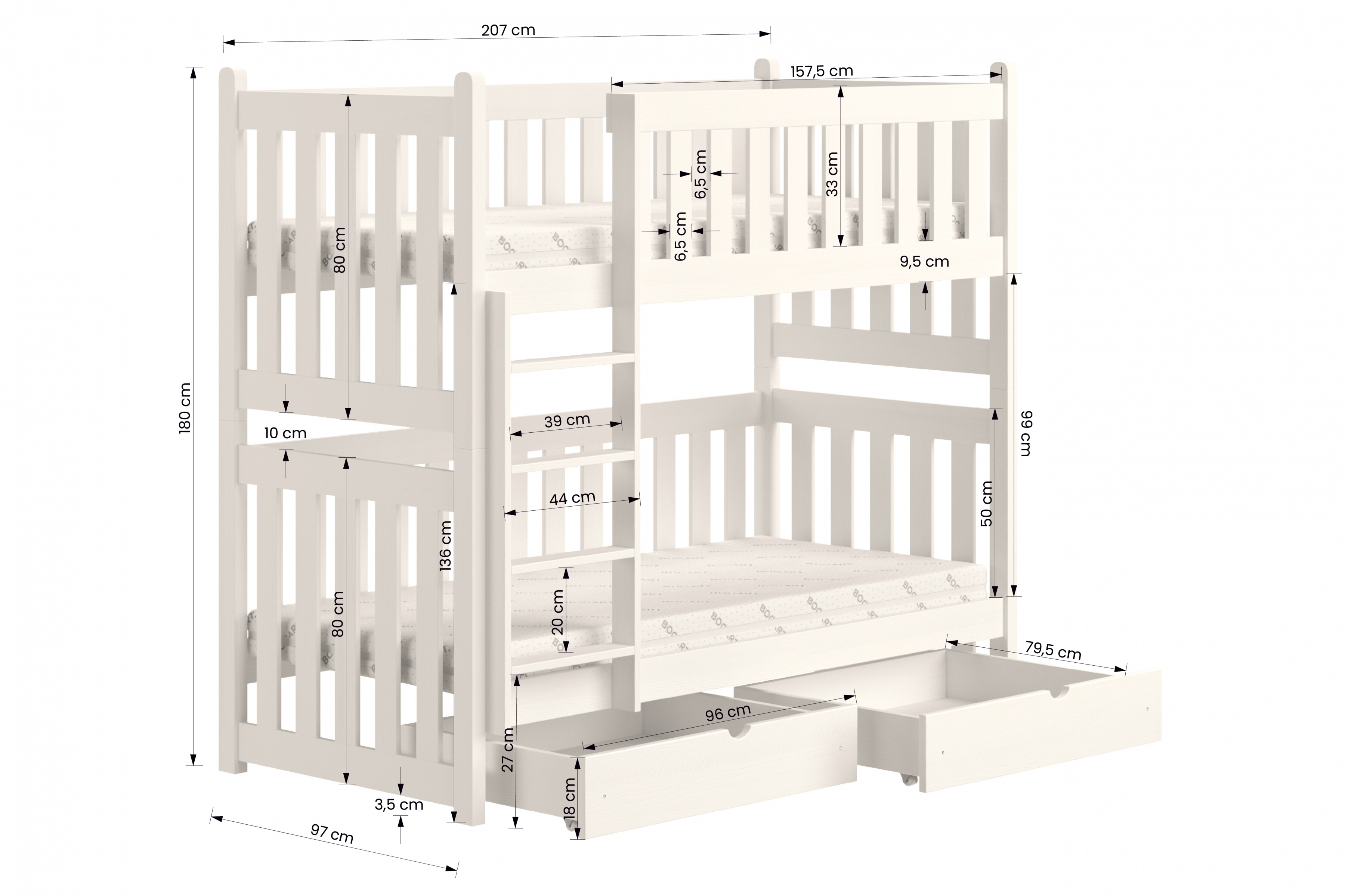 Łóżko dziecięce piętrowe Swen - biały, 90x200 Łóżko piętrowe Swen - wymiary