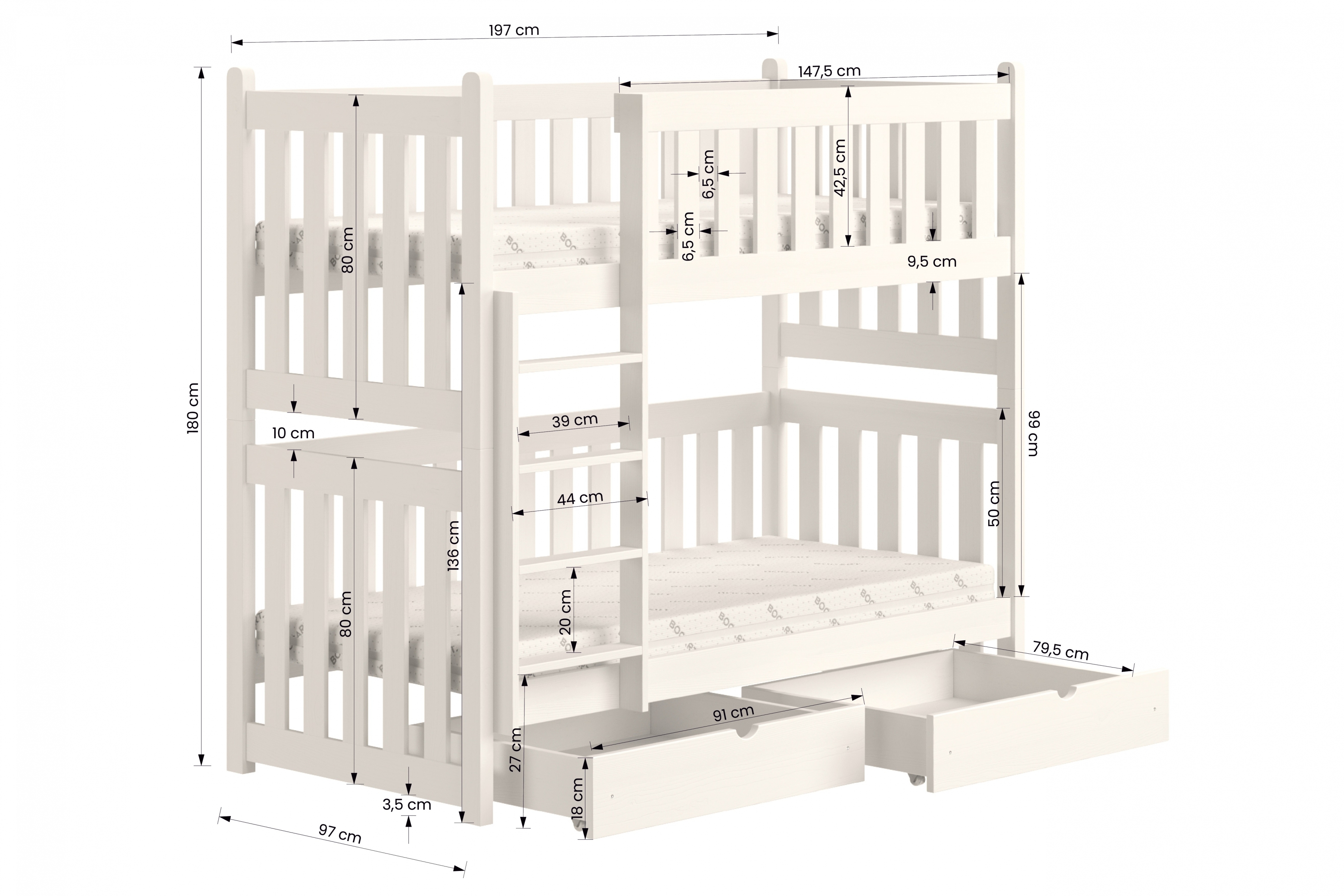 Łóżko dziecięce piętrowe Swen - biały, 90x190 Łóżko piętrowe Swen - wymiary