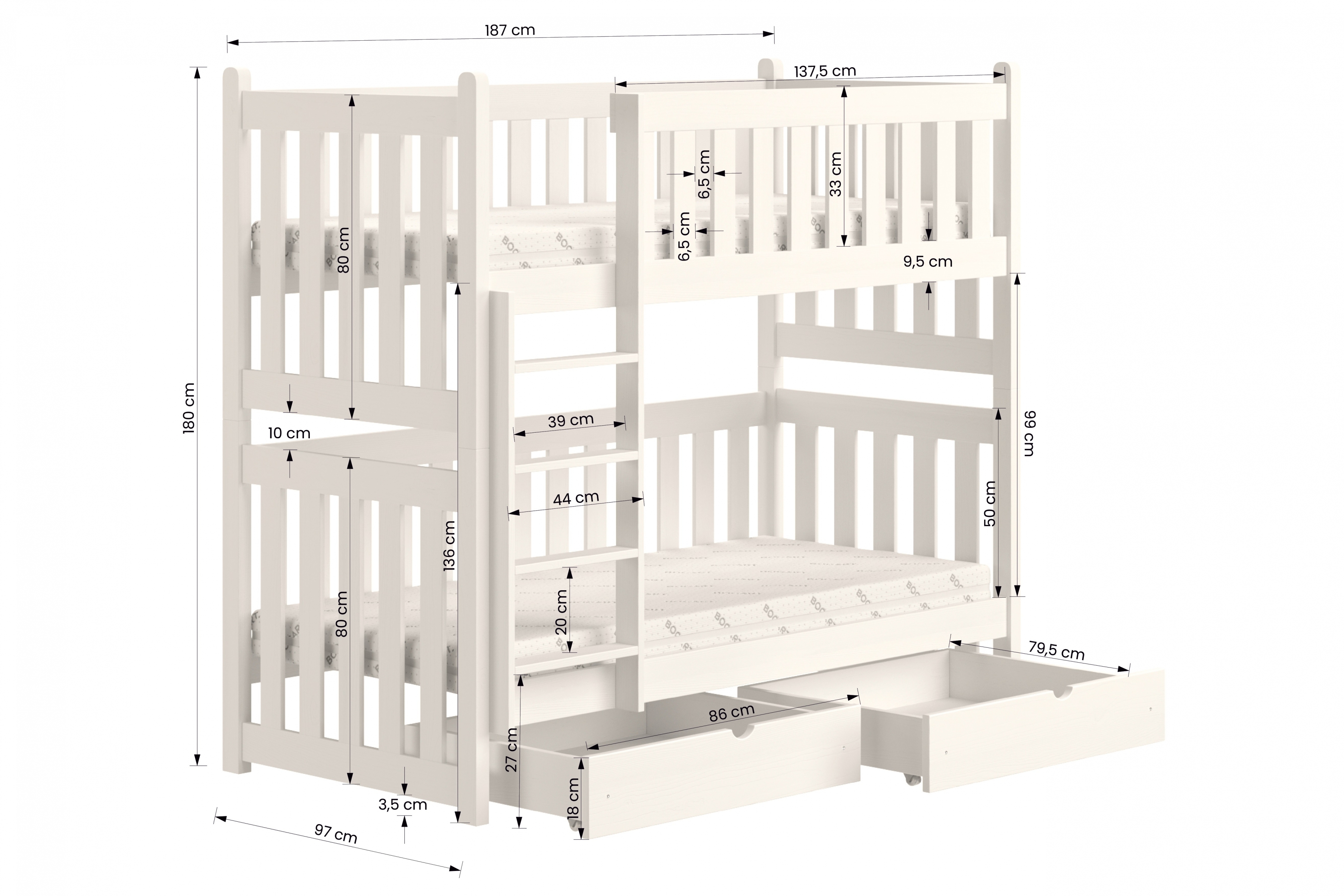 Łóżko dziecięce piętrowe Swen - biały, 90x180 Łóżko piętrowe Swen - wymiary