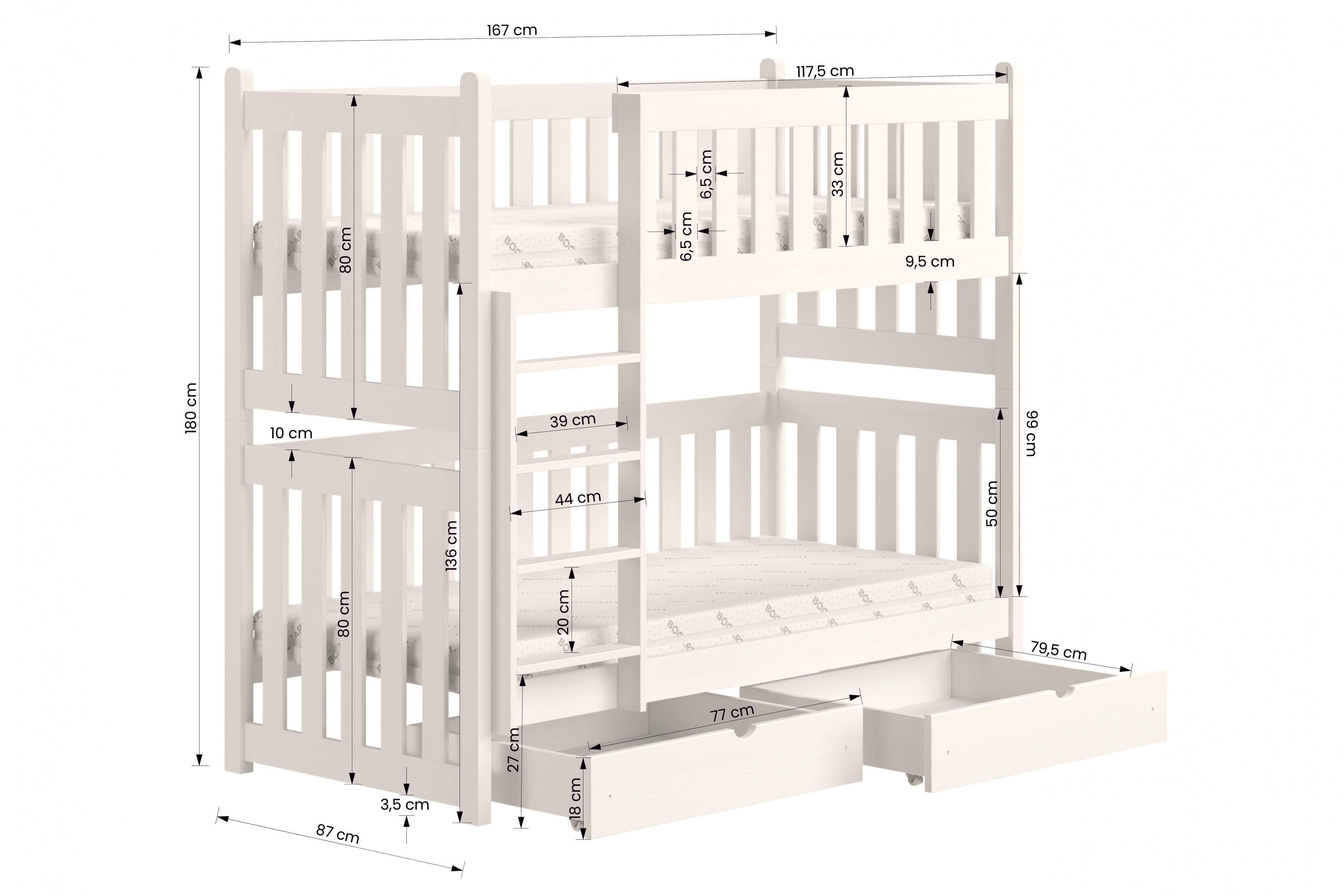 Łóżko dziecięce piętrowe Swen - biały, 80x160 Łóżko piętrowe Swen - wymiary
