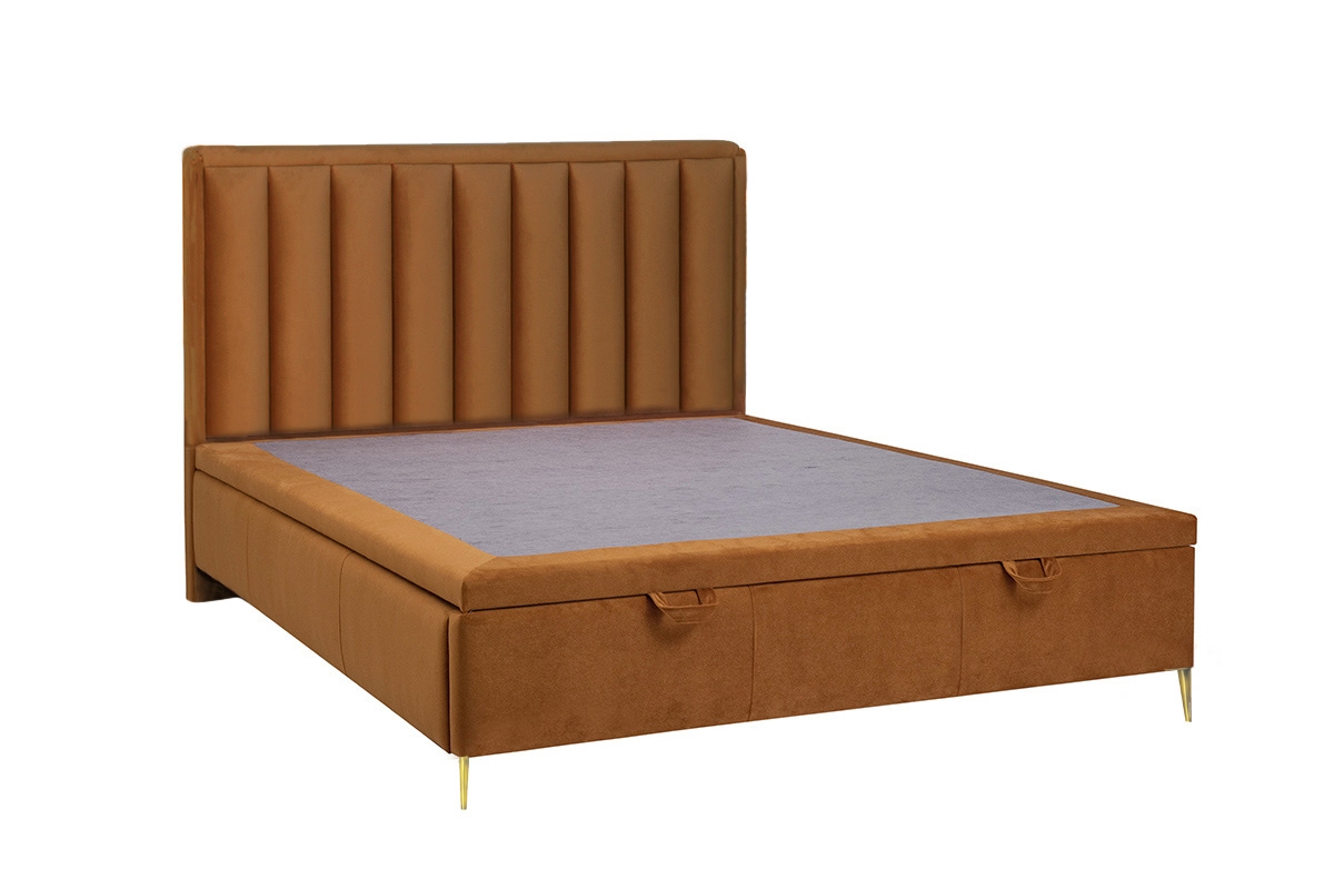 Łóżko sypialniane z tapicerowanym stelażem i pojemnikiem Misel - 140x200, nogi złote łóżko sypialniane z tapicerowanym stelażem 