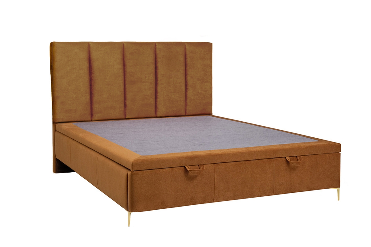 Łóżko sypialniane z tapicerowanym stelażem i pojemnikiem Klabi - 140x200, nogi złote  łóżko Klabi z wezgłowiem z przeszyciami 