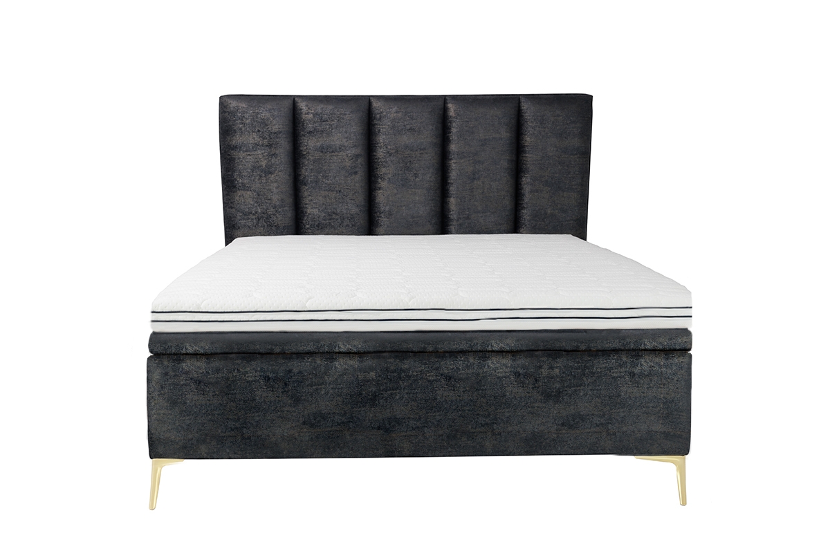 Łóżko sypialniane z tapicerowanym stelażem i pojemnikiem Klabi - 160x200, nogi złote  szare łóżko z wysokim wezgłowiem 