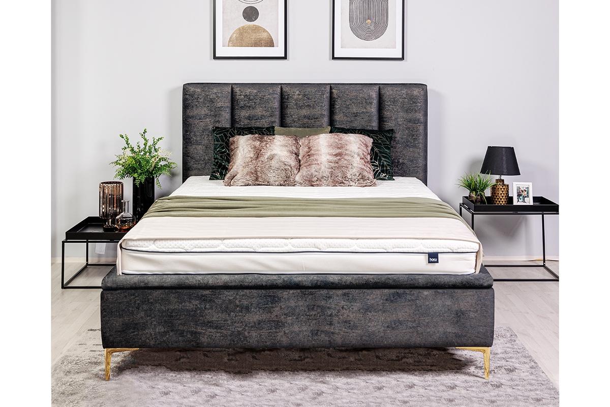 Łóżko sypialniane z tapicerowanym stelażem i pojemnikiem Klabi - 160x200, nogi złote  szare łóżko ze złotymi nóżkami 