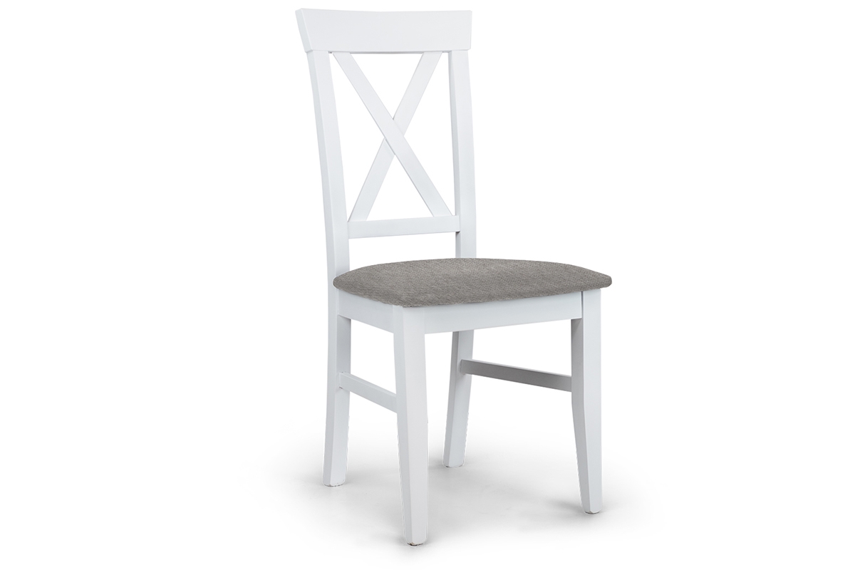 Krzesło drewniane z tapicerowanym siedziskiem i oparciem krzyżyk Retro - szary Gemma 85 / biały białe drewniane krzesło do jadalni