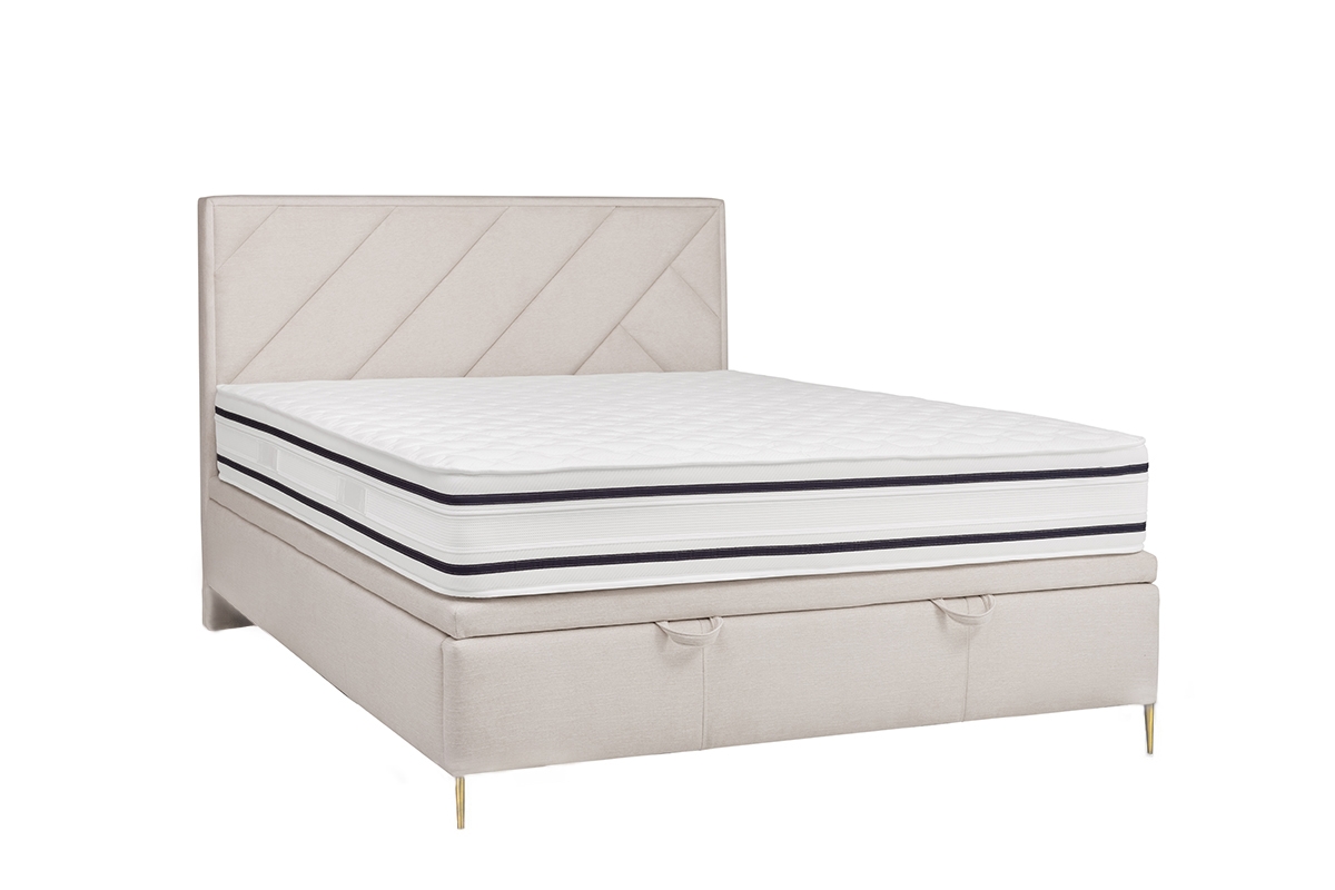 Łóżko sypialniane z tapicerowanym stelażem i pojemnikiem Tiade - 160x200, nogi złote jasne łóżko z wysokim wezgłowiem Tiade  