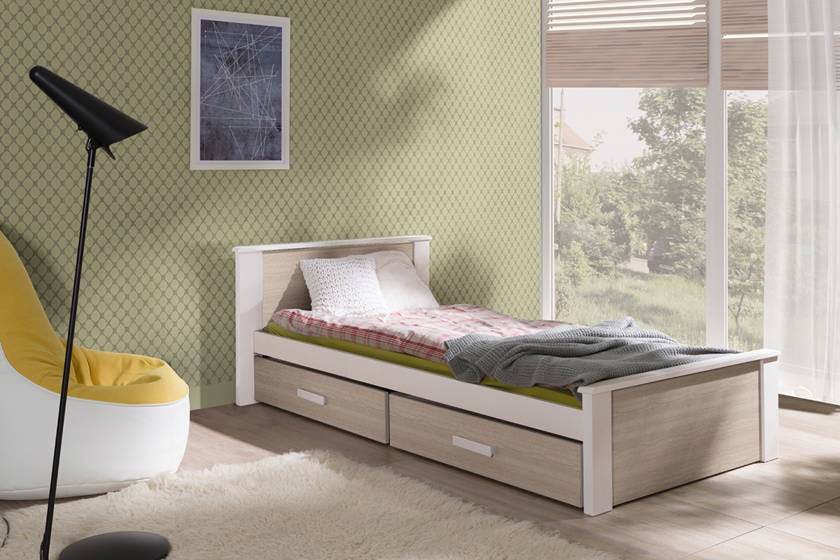 Łóżko dziecięce parterowe Puttio - biały akryl + dąb sonoma, 80x180  łóżko jednoosobowe Puttio w połączeniu koloru białego i dębu sonoma