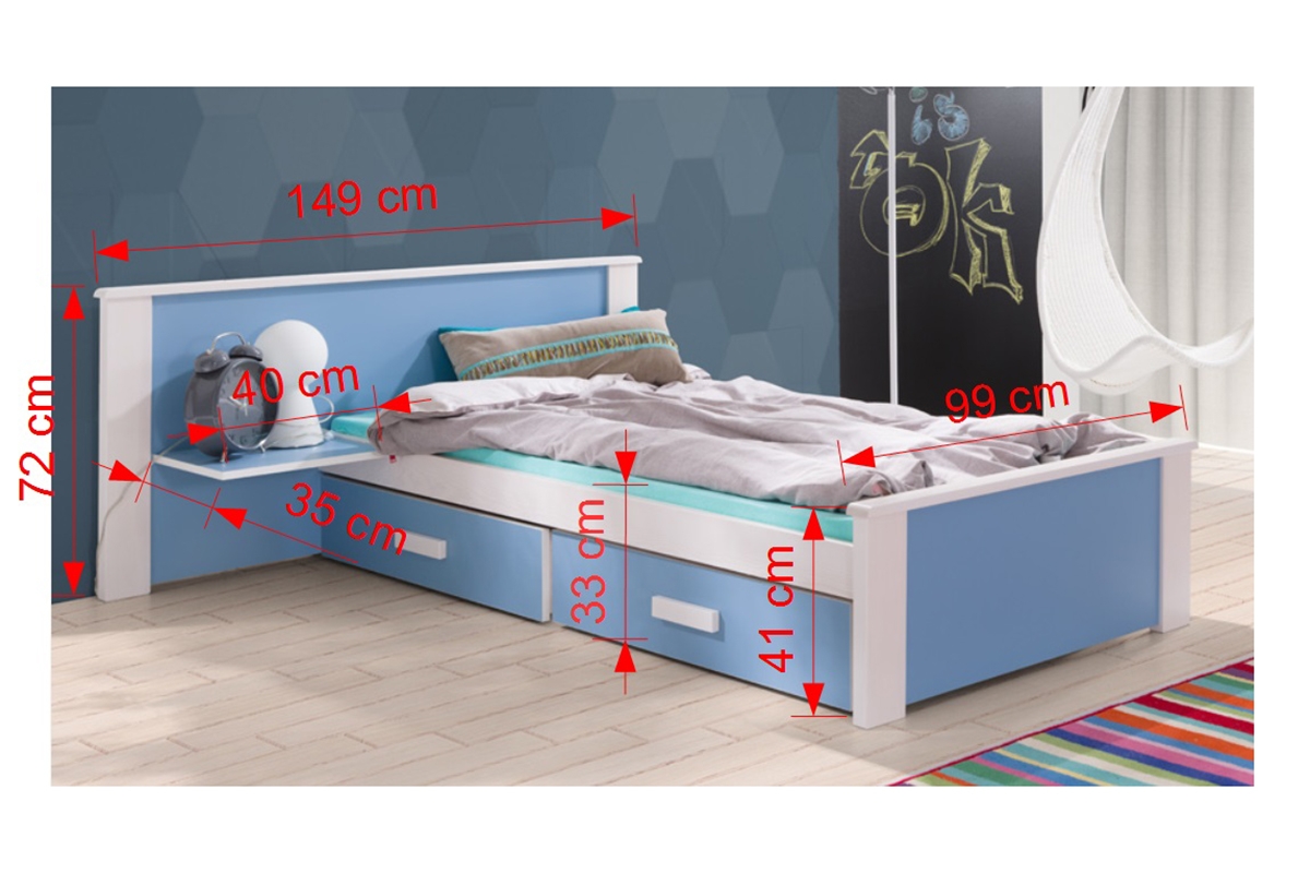 Łóżko dziecięce parterowe Puttio II - biały akryl + szary, 90x200 Łóżko dziecięce parterowe Puttio II - wymiary